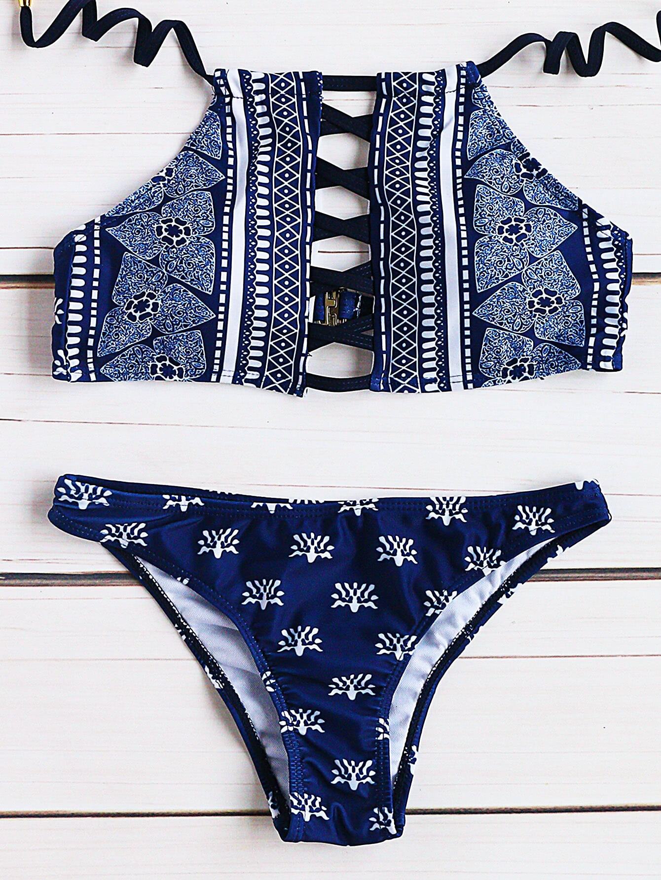 Navy Tribal Print Criss Cross Bikini Set