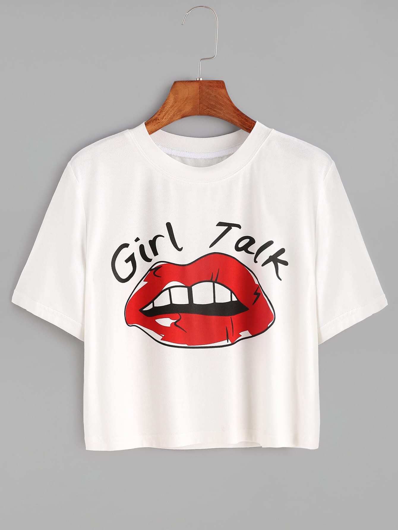 White Red Lip Print Crop T-shirt