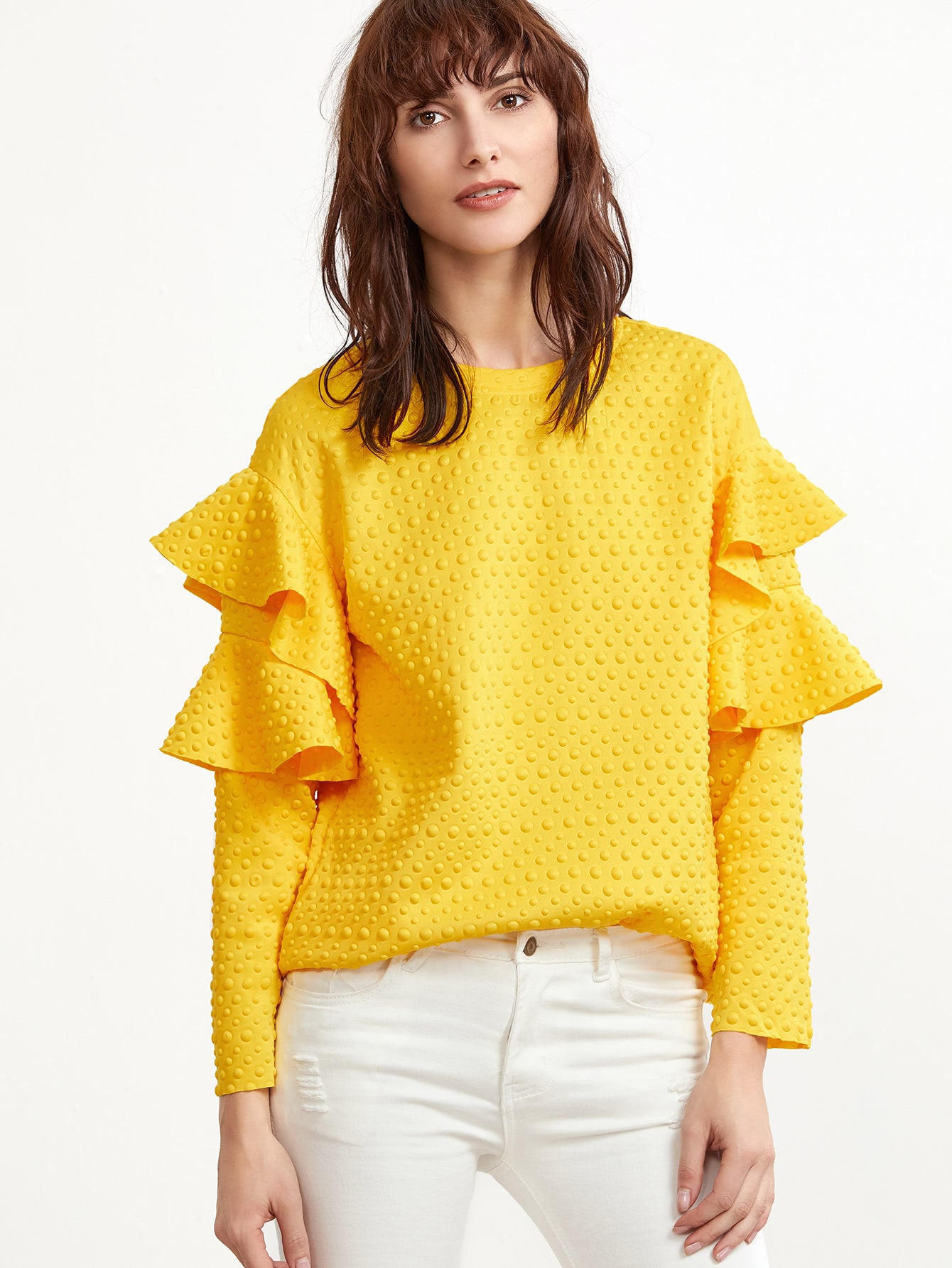 Yellow Polka Dot Embossed Layered Ruffle Sleeve Blouse