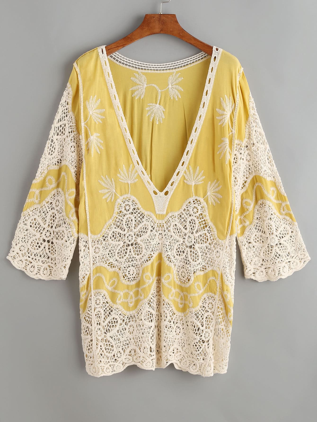 Yellow V Neck Embroidered Eyelet Crochet Lace Cover Up