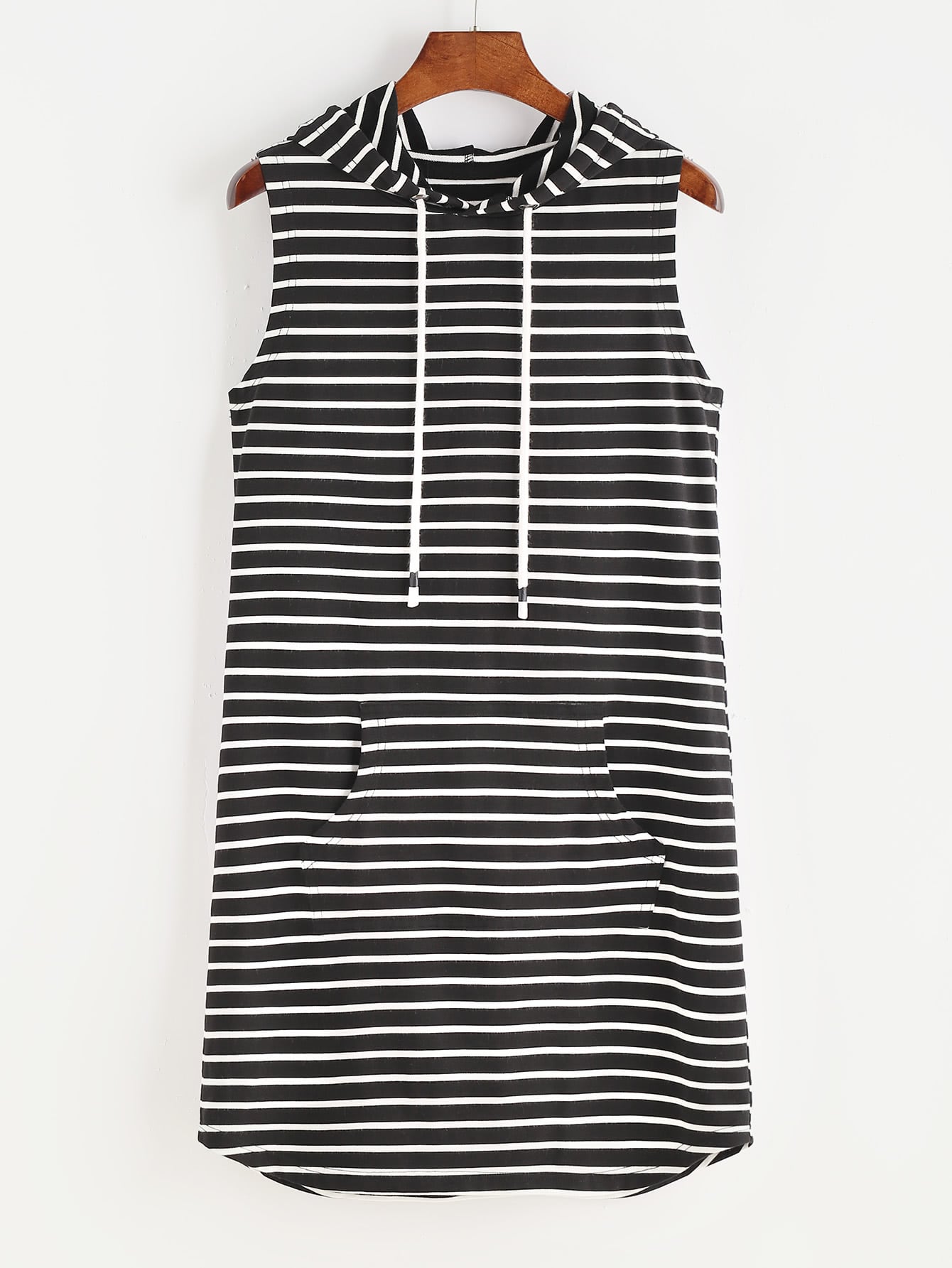 Black And White Striped Pocket Front Sleeveless Hoodie DressFor Womenromwe