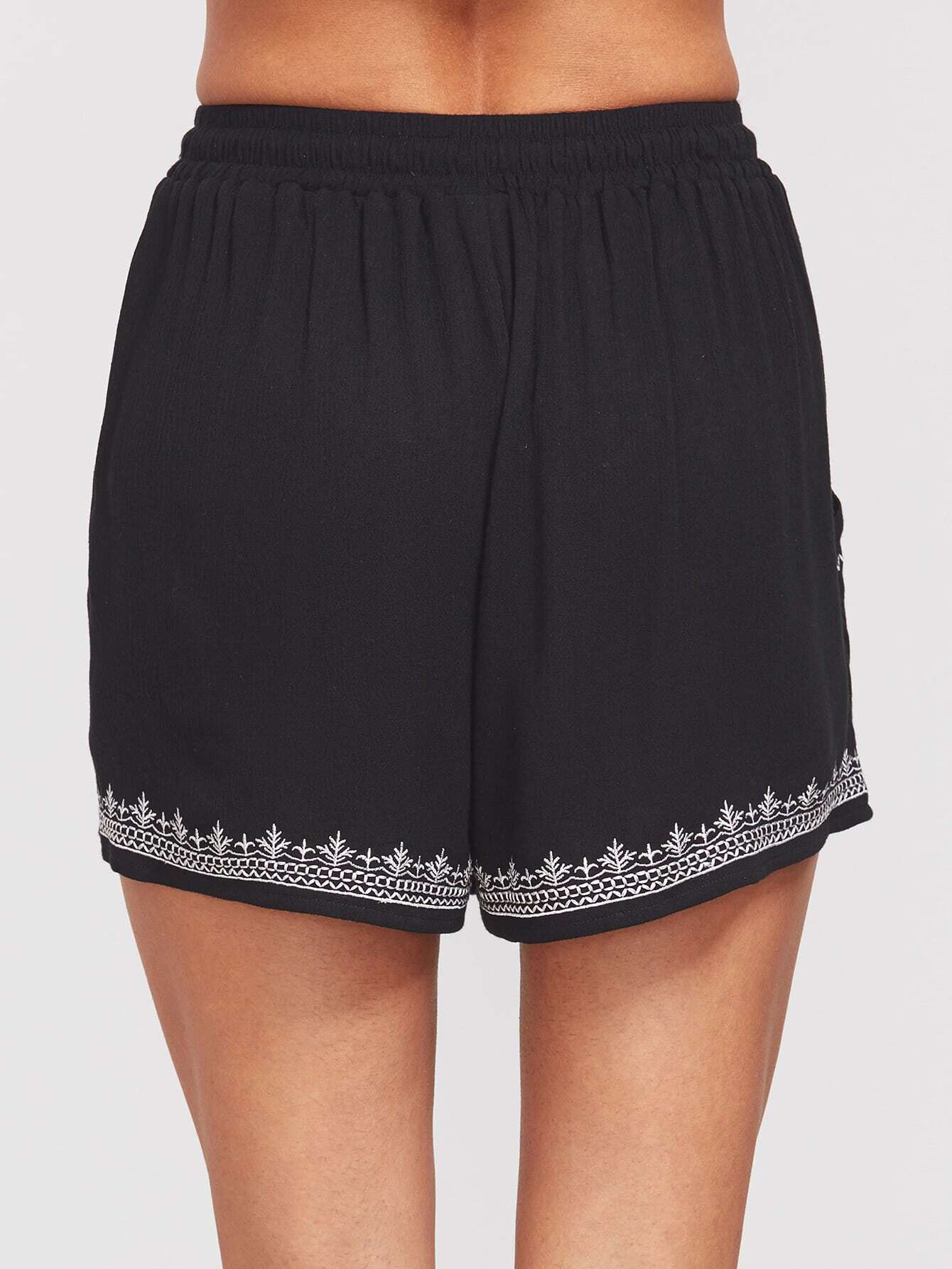 Black Tasseled Drawstring Waist Embroidered ShortsFor Womenromwe
