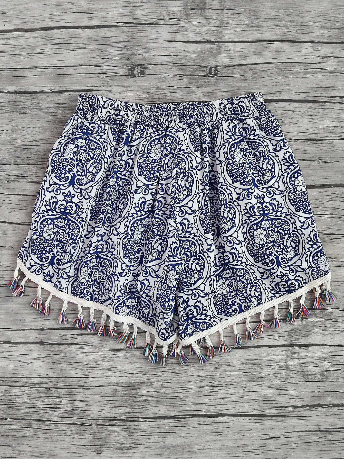Porcelain Print Tassel Trim ShortsFor Womenromwe