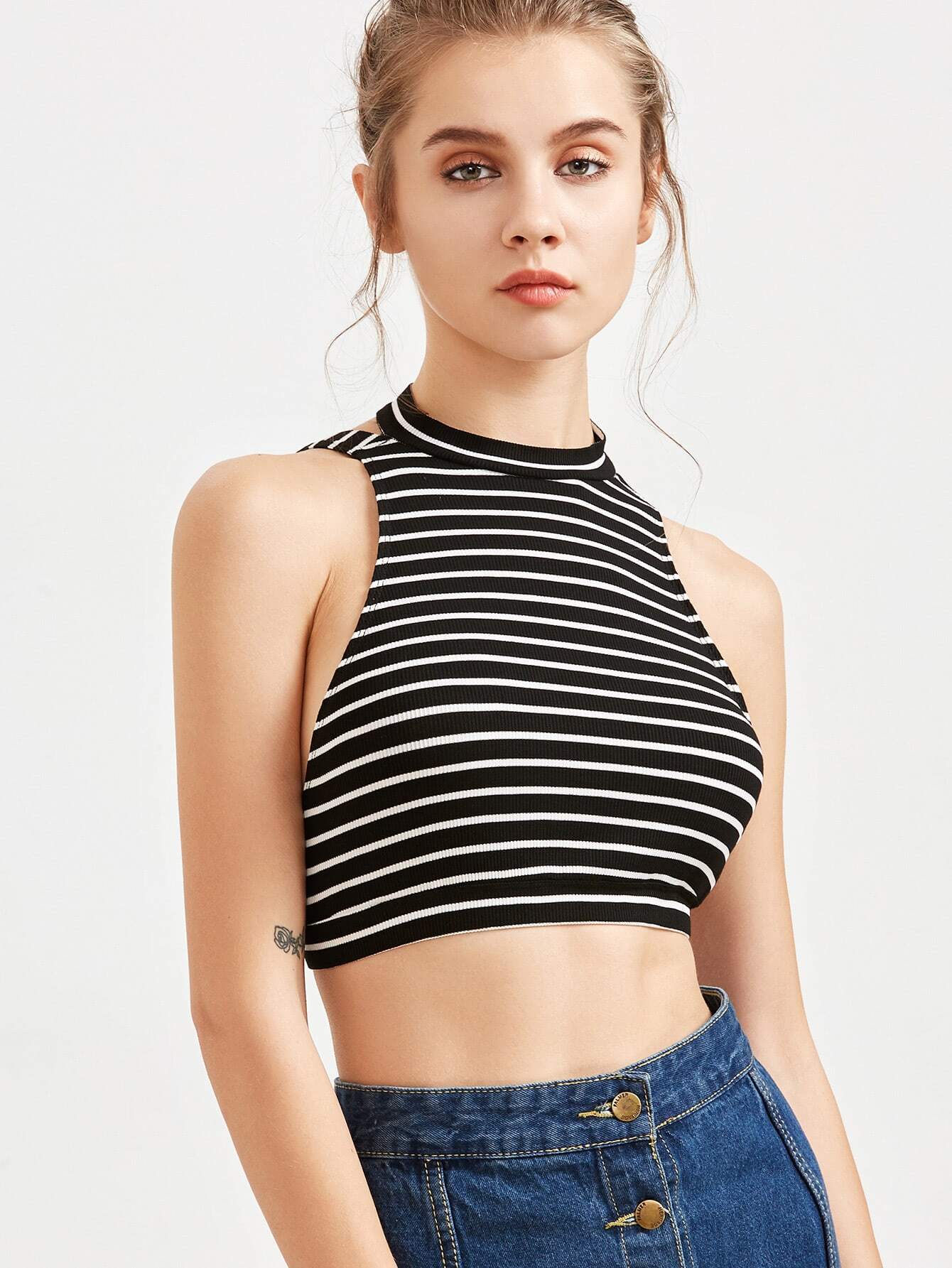 Black And White Striped Open Back Crop Halterneck Top