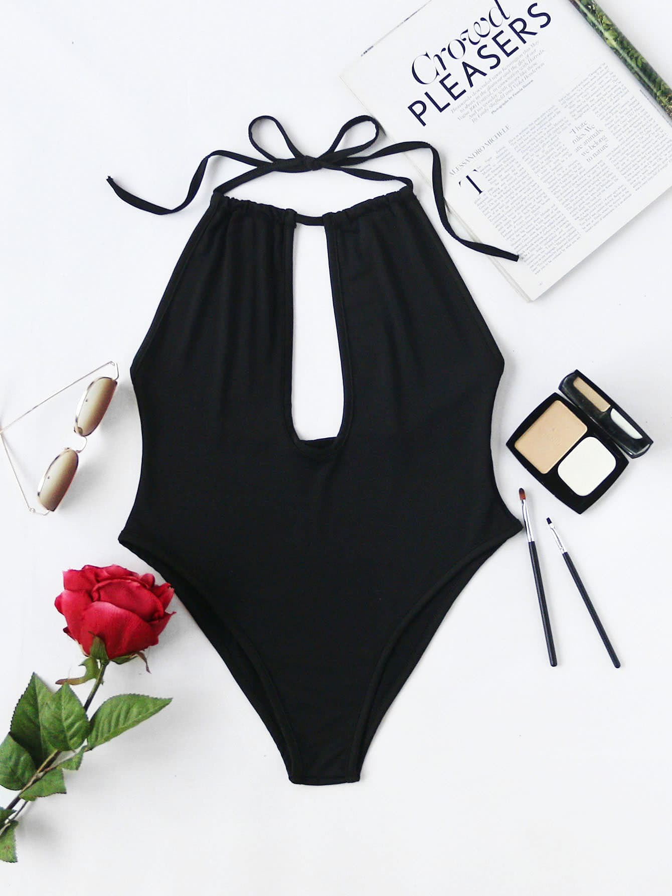 Plunging V Neckline Tie Neck Back Bodysuit