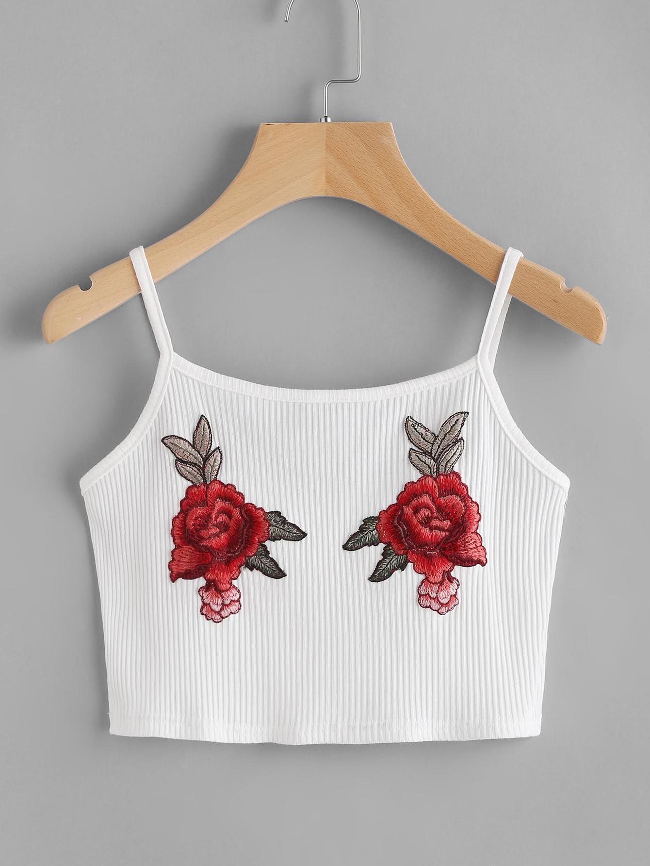Rose Applique Ribbed Crop Cami Top
