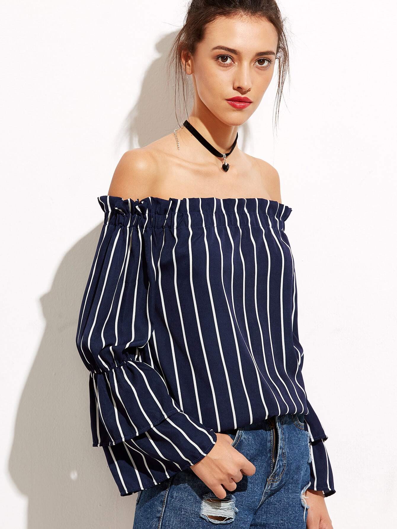 Navy Vertical Striped Off The Shoulder Ruffle Top