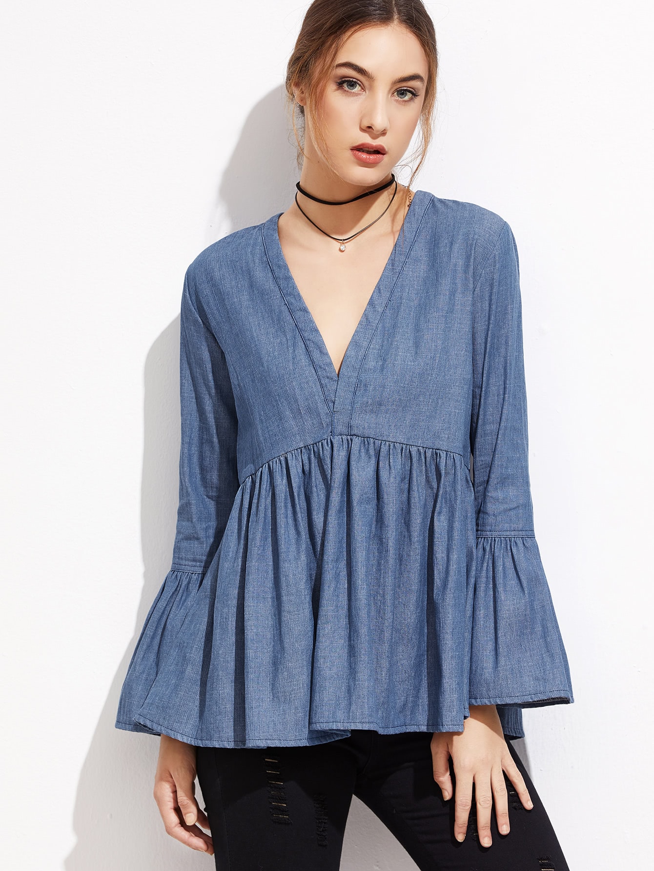 Blue V Neck Bell Sleeve Denim Blouse