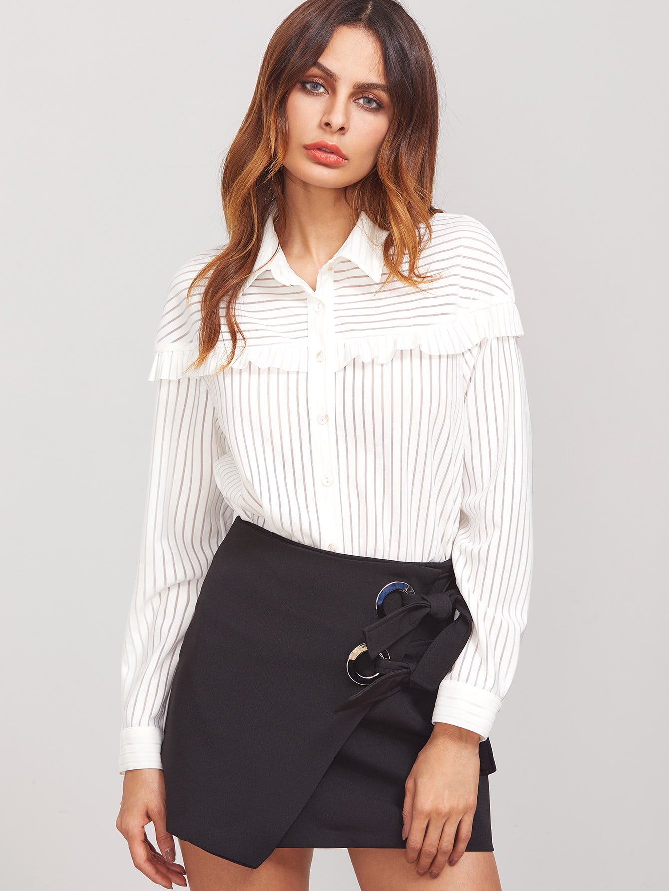 White Striped Ruffle Trim Button Up Blouse