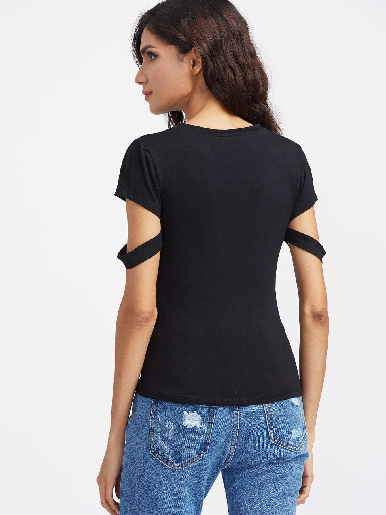 Black Ripped Sleeve TshirtFor Womenromwe