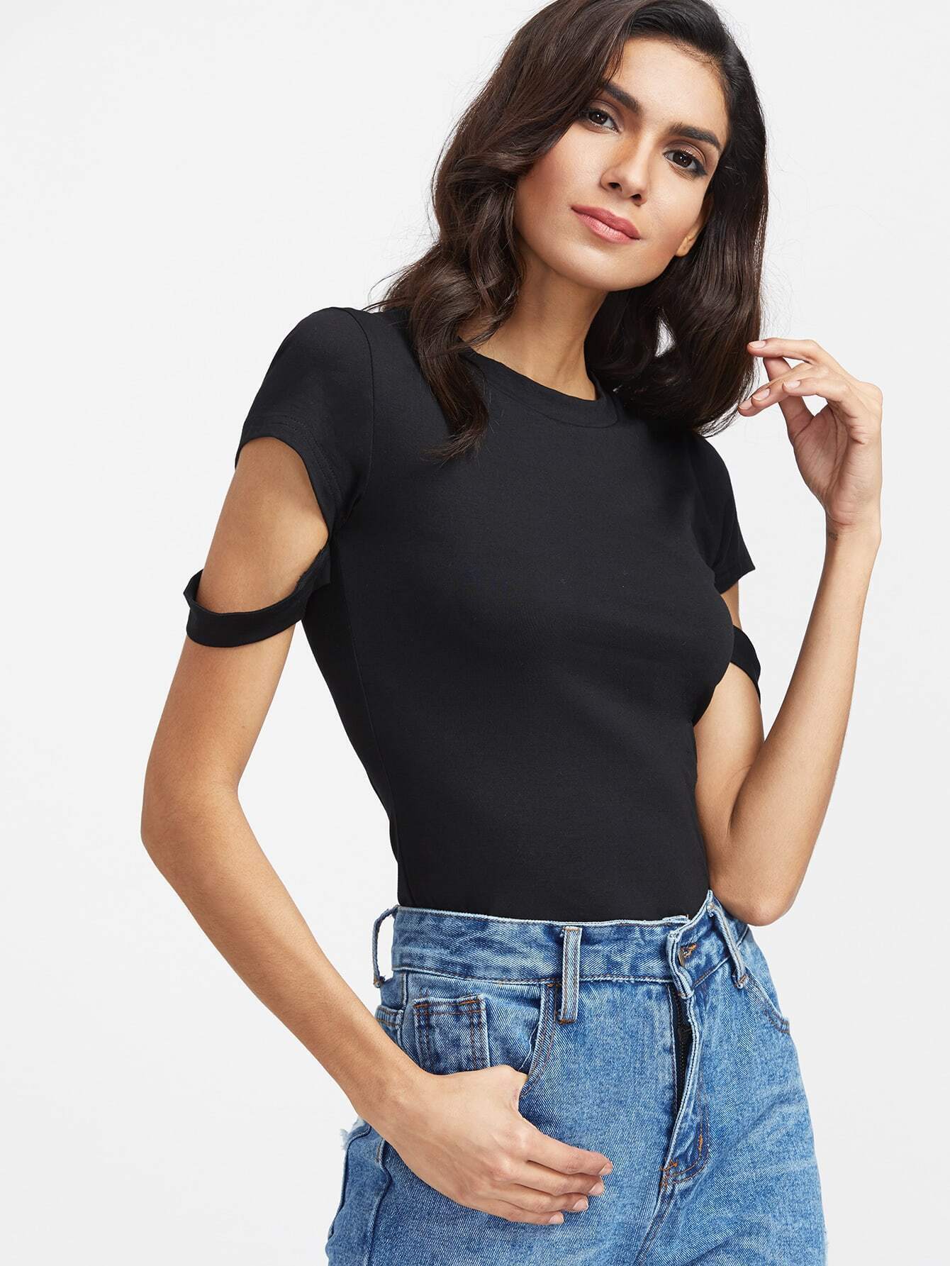 Black Ripped Sleeve TshirtFor Womenromwe