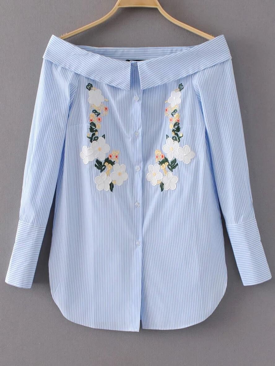 Blue Vertical Striped Flower Embroidery Off The Shoulder Blouse