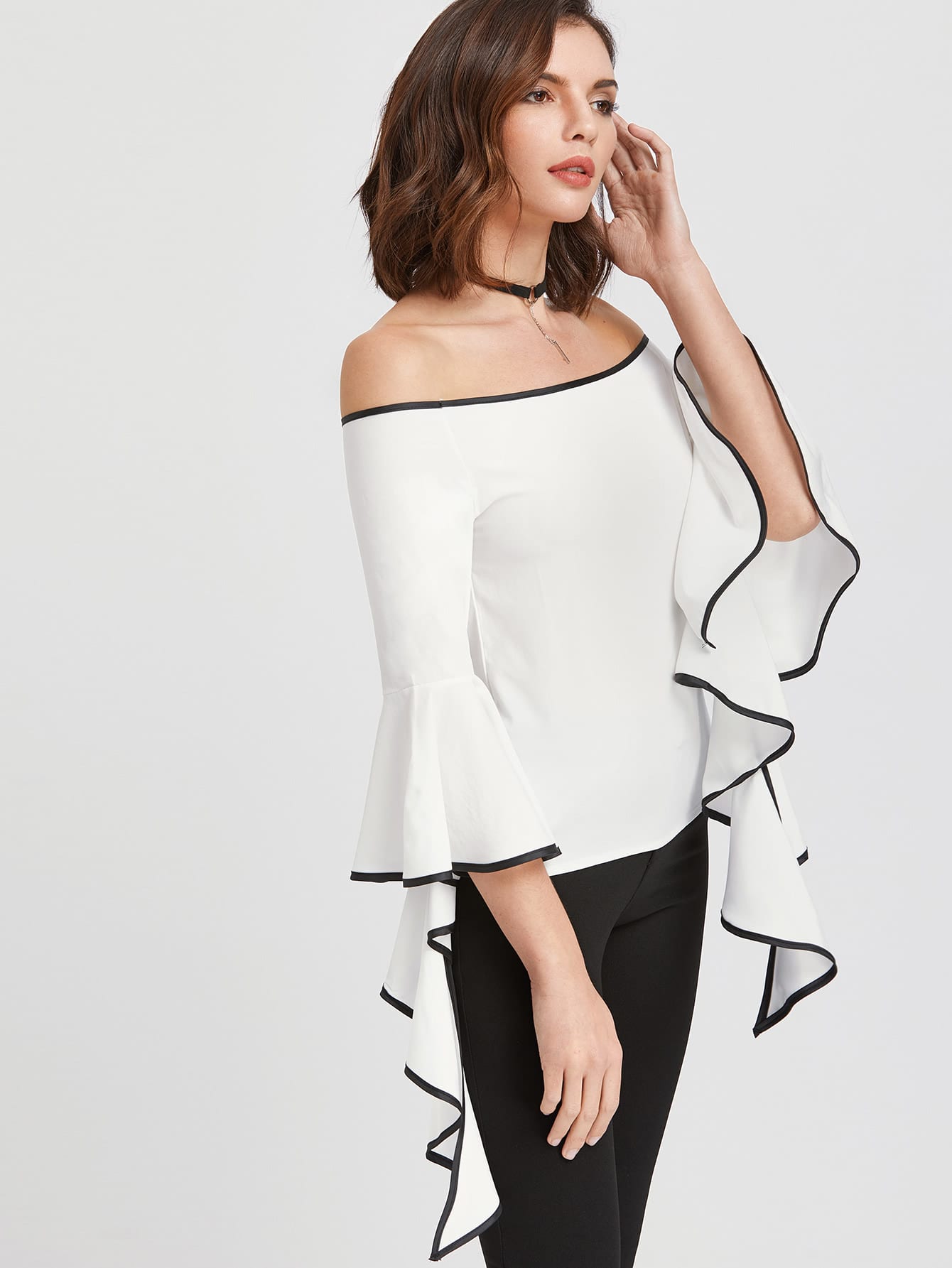 White Contrast Trim Off The Shoulder Flared Sleeve Top