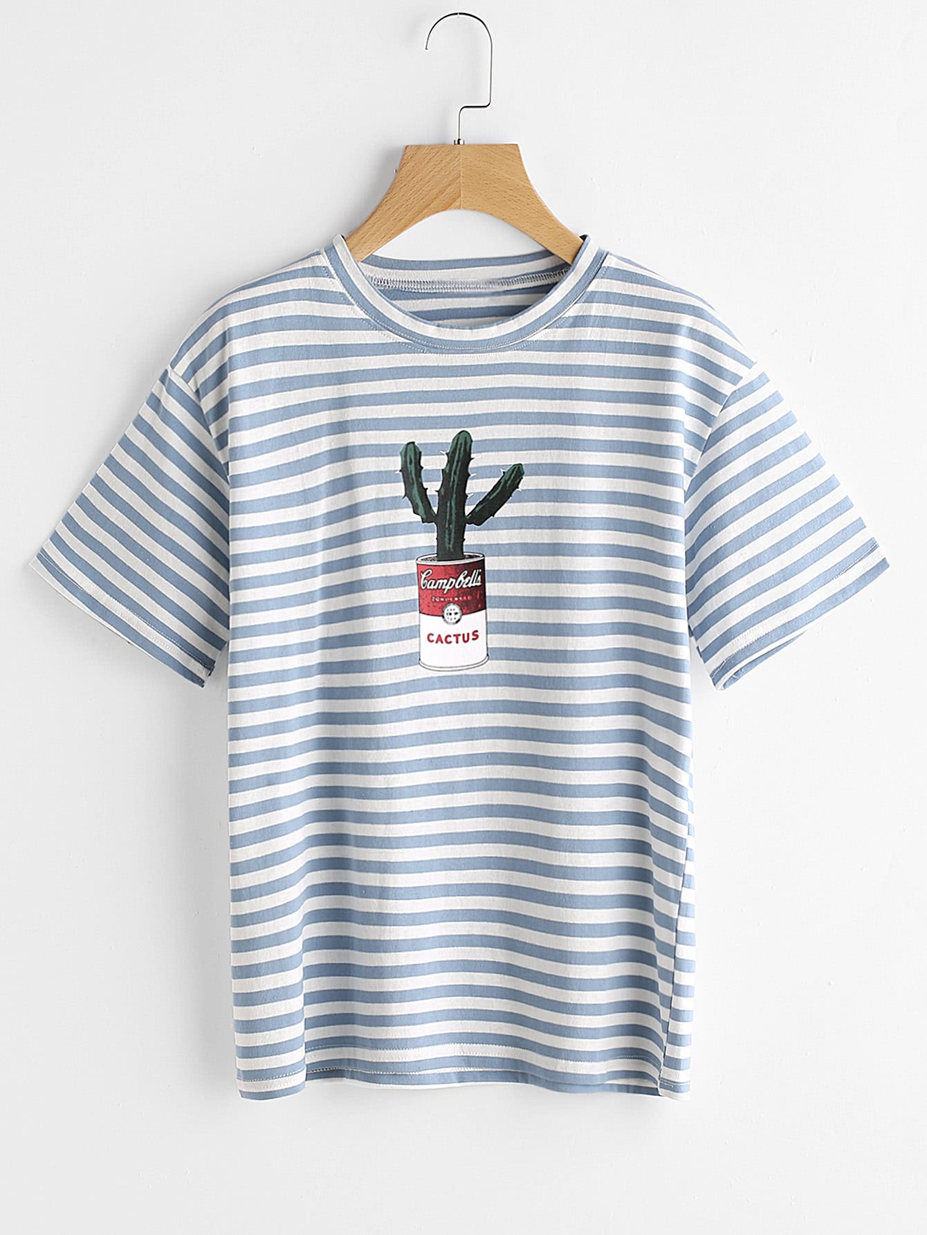 Contrast Striped Cactus Print Casual T-shirt
