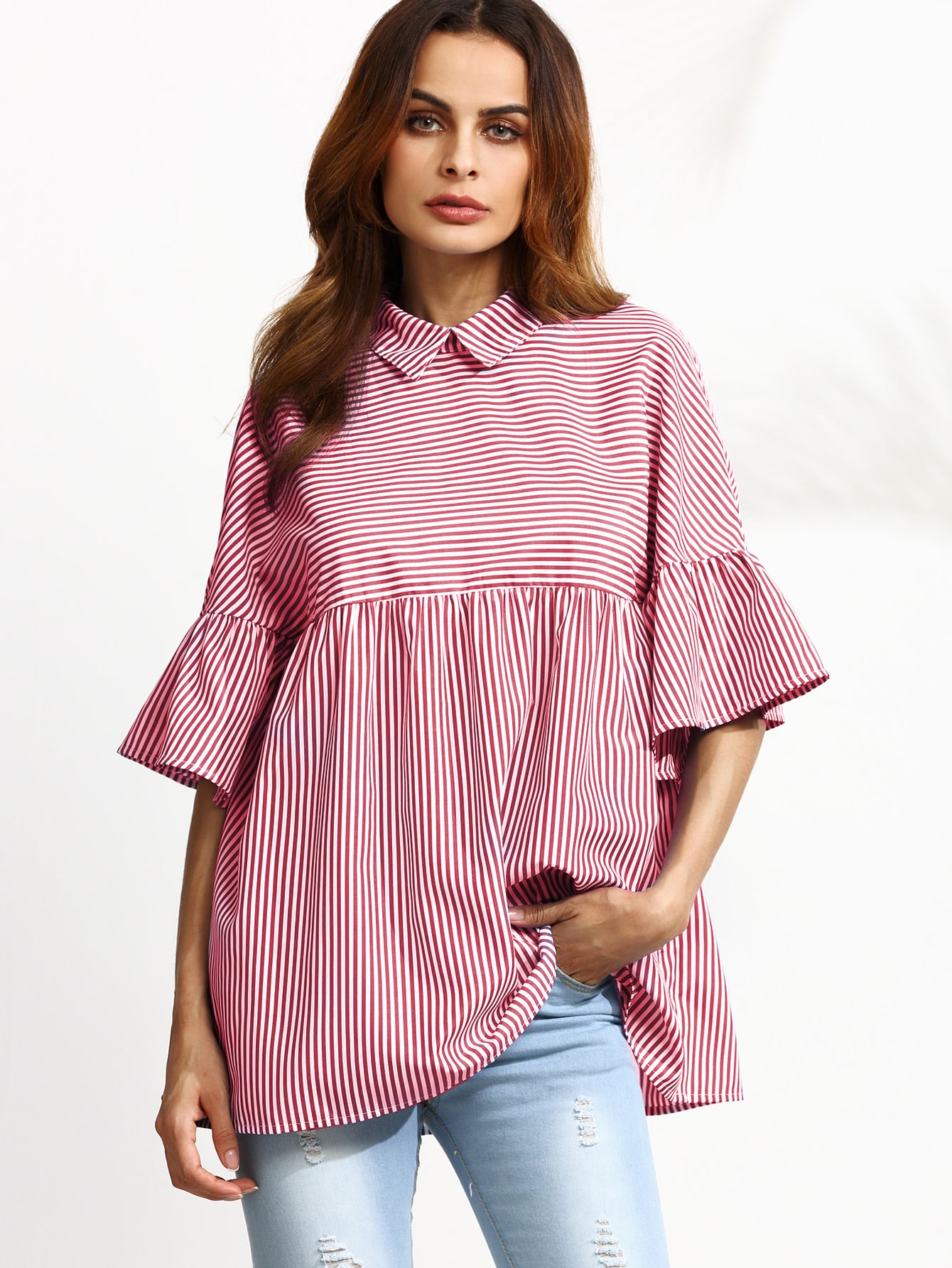 Striped Ruffle Sleeve Babydoll Top