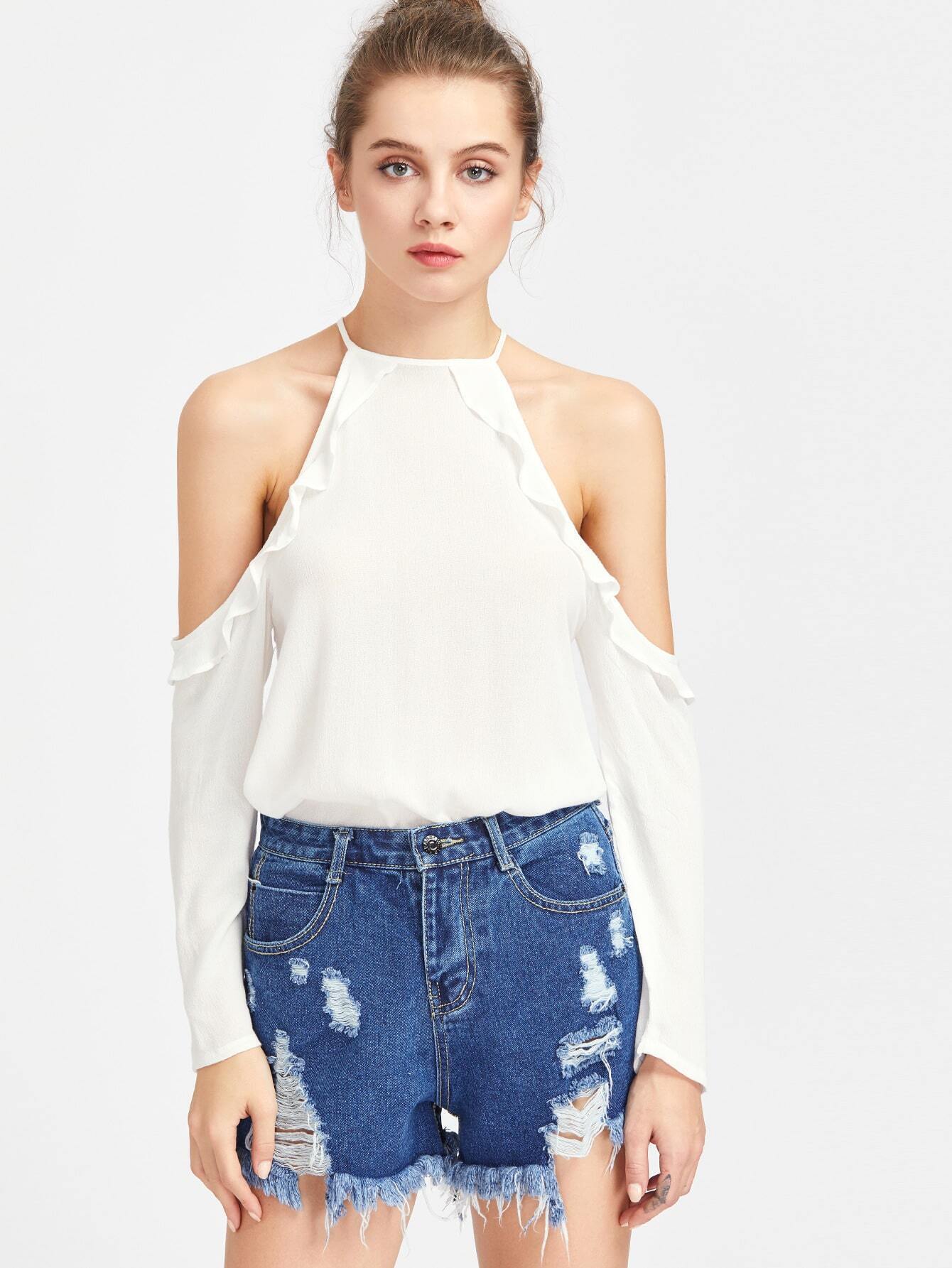 Halter Open Back Self Tie Detail Frill TopFor Women-romwe