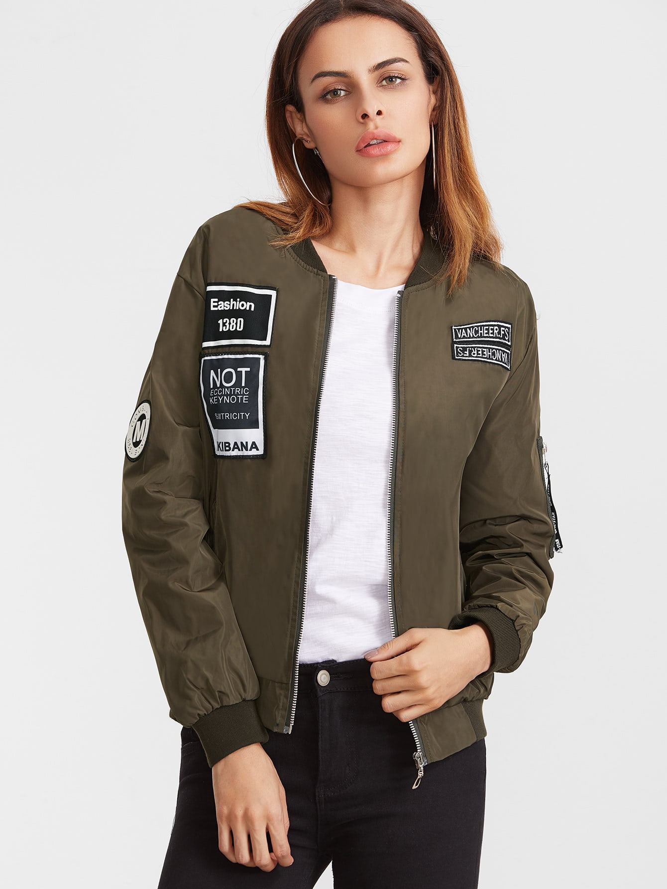 Army Green Embroidered Patch Zipper Bomber Jacket