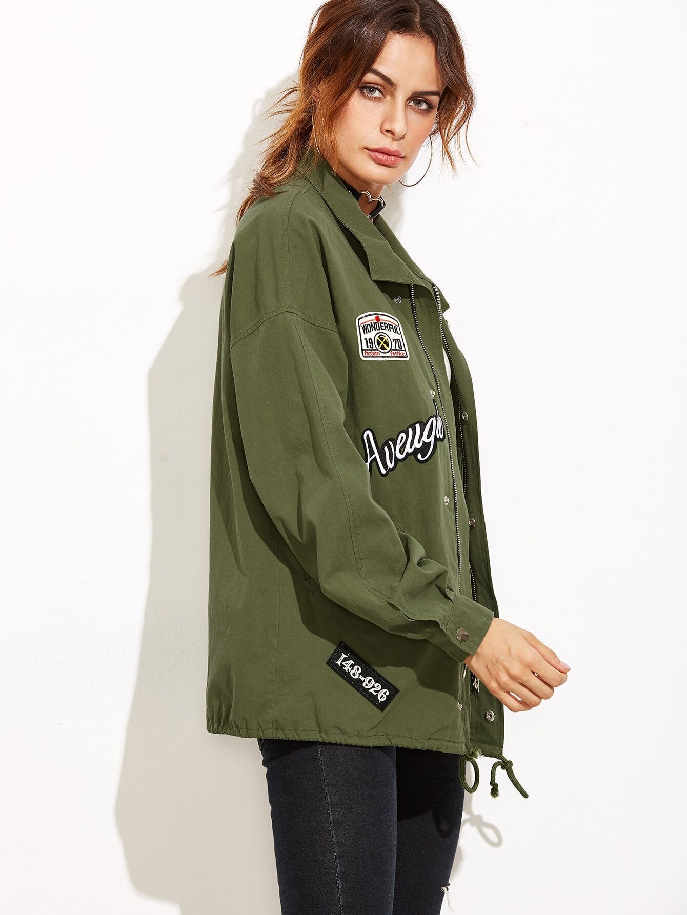 Olive Green Drop Shoulder Utility Jacket With Patch DetailFor Womenromwe