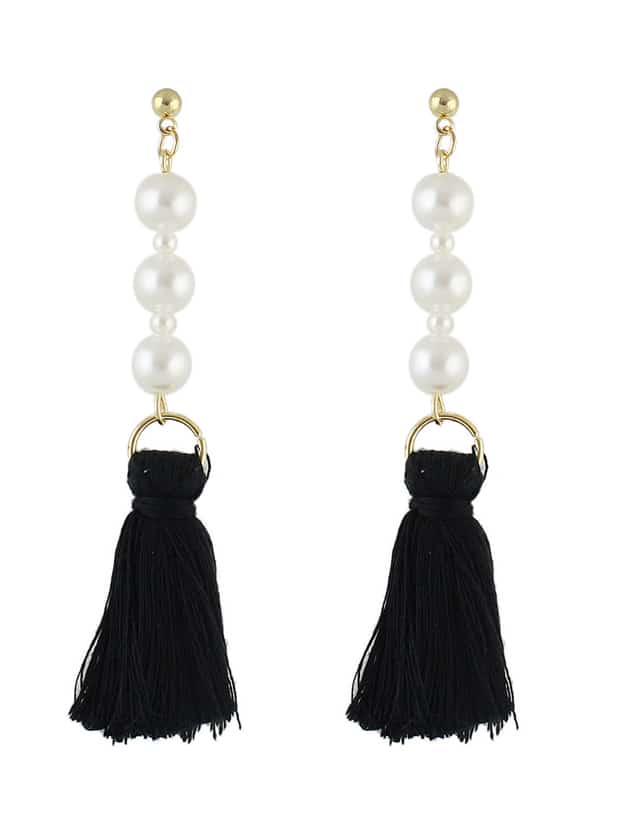 Black Color Latest Fashion Pearl Thread Tassel Chain Earrings