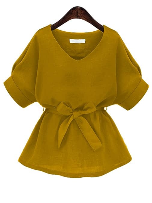 V Neckline Self Tie Blouse