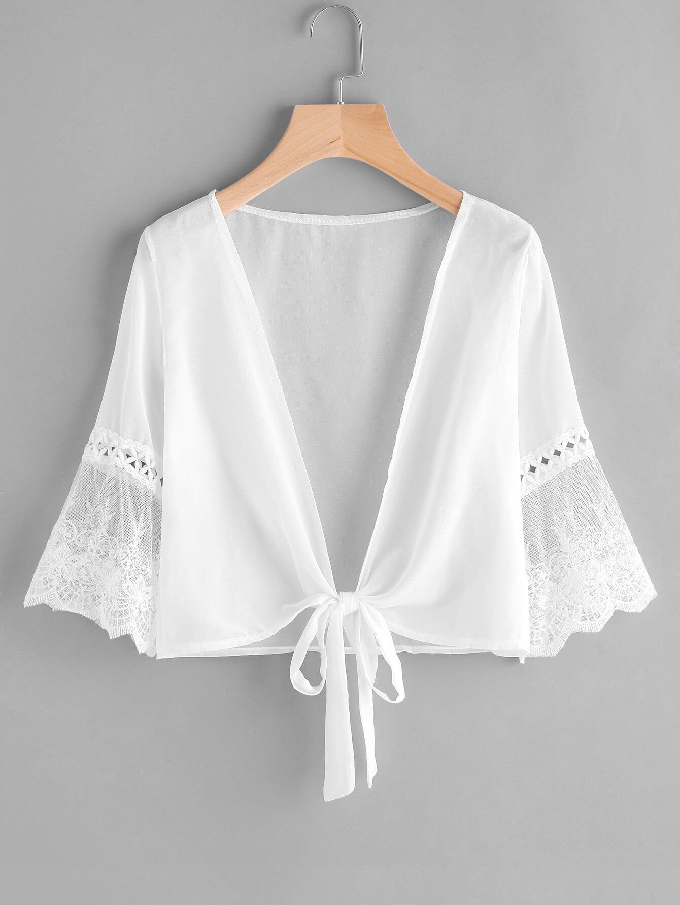 Contrast Lace Fluted Sleeve Self Tie Chiffon Kimono