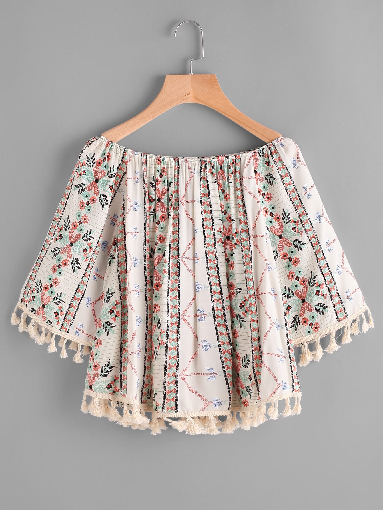 Boat Neckline Graphic Print Random Tassel Hem Blouse