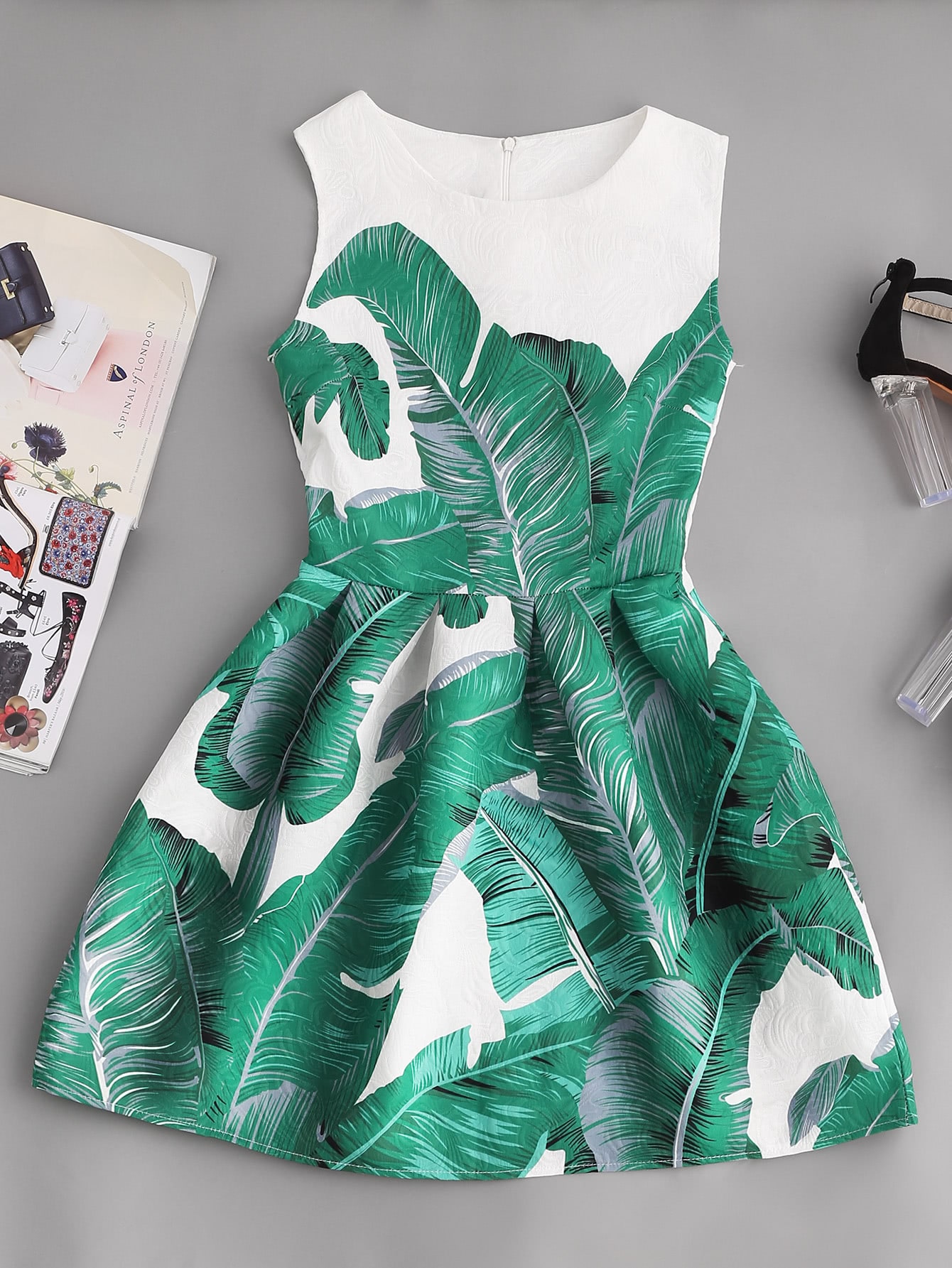 Palm Leaf Print Embossed Fit & Flare Dress