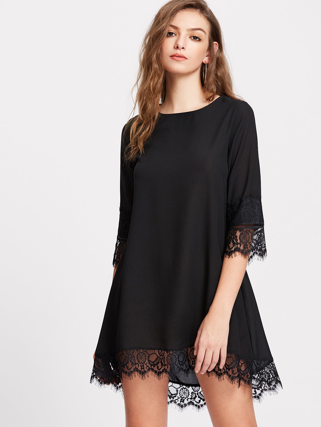 Eyelash Lace Trim Dip Hem Dress