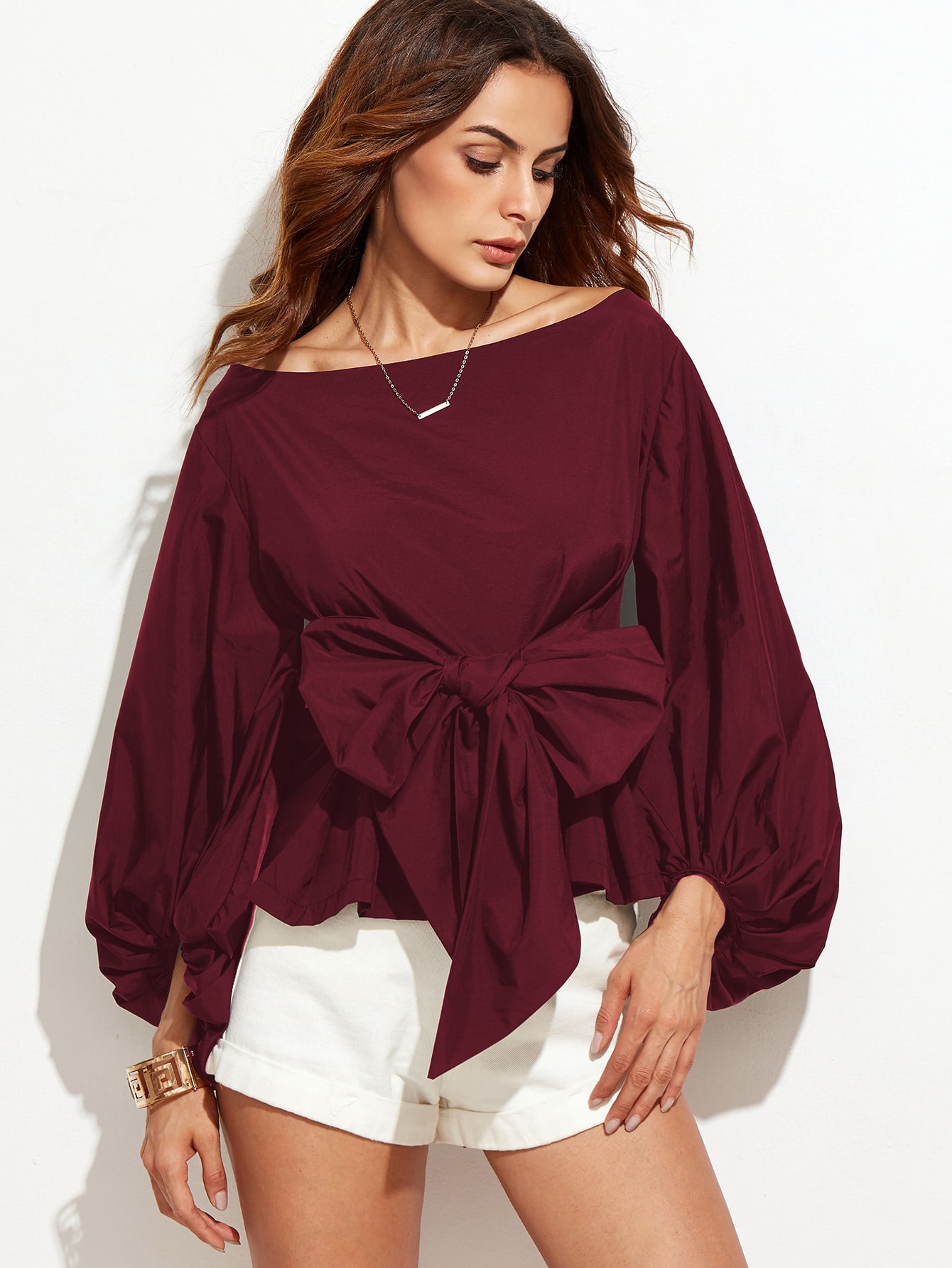 Burgundy Boat Neck Lantern Sleeve Bow Tie Top