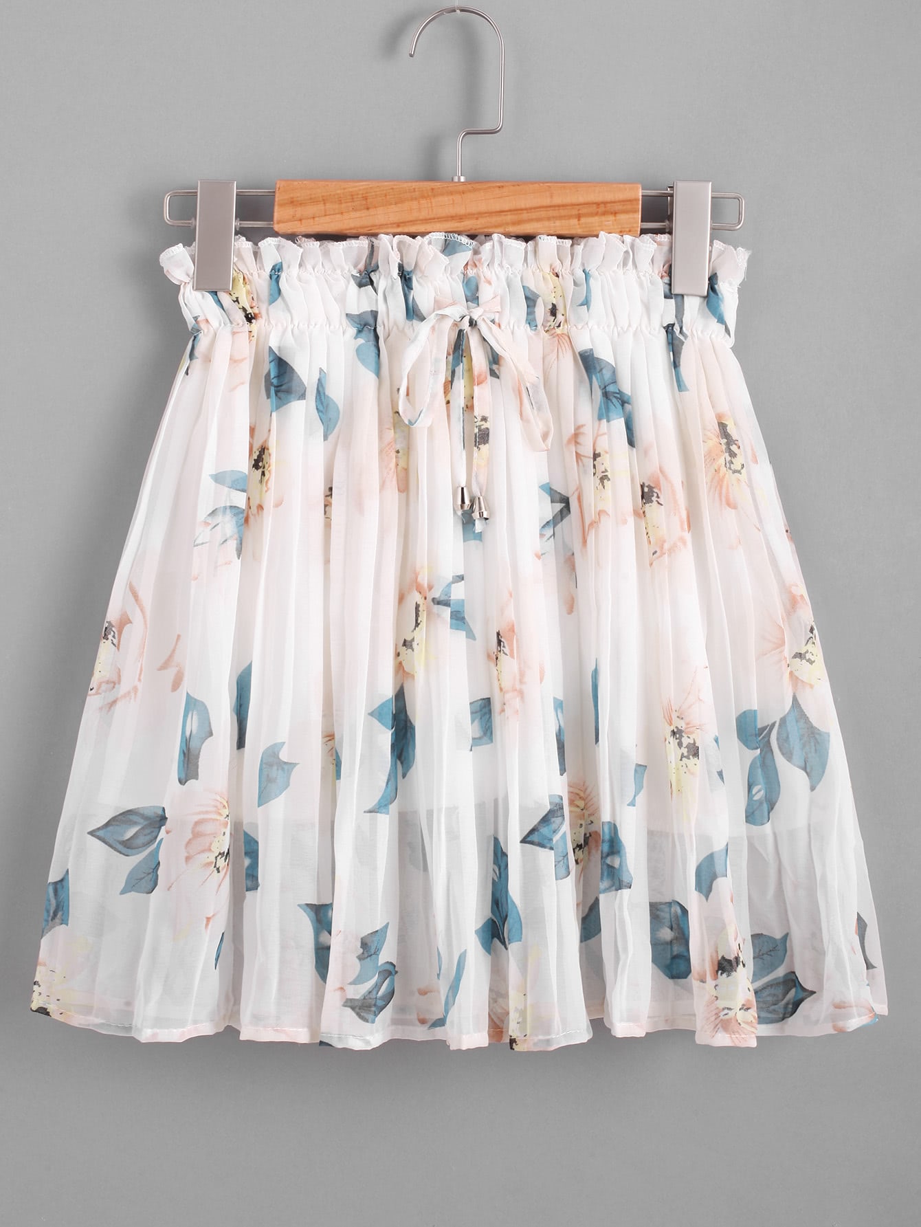 Floral Print Random Drawstring Waist Pleated SkirtFor Womenromwe