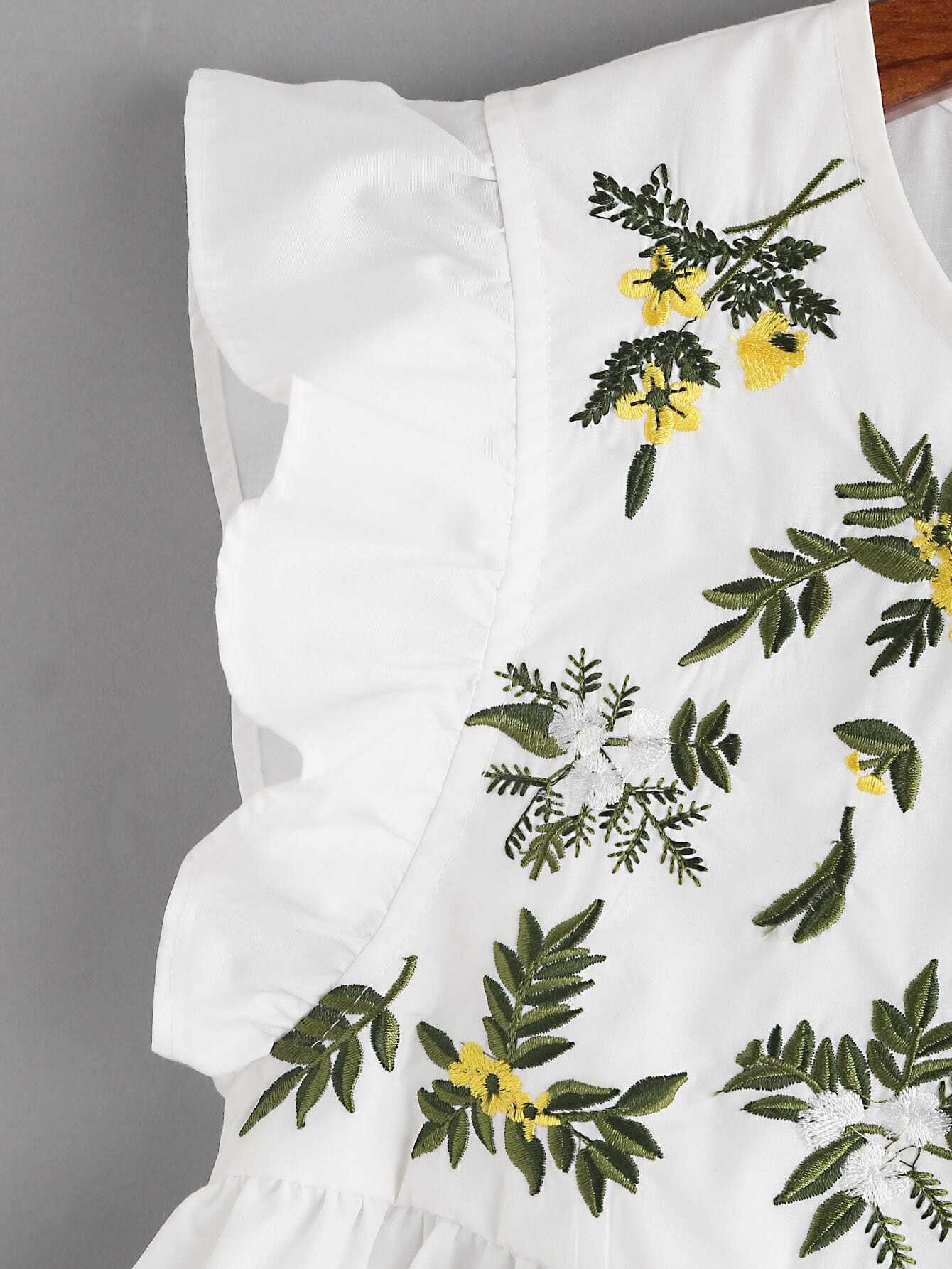 Flower Embroidered Buttoned Keyhole Ruffle Babydoll TopFor Womenromwe