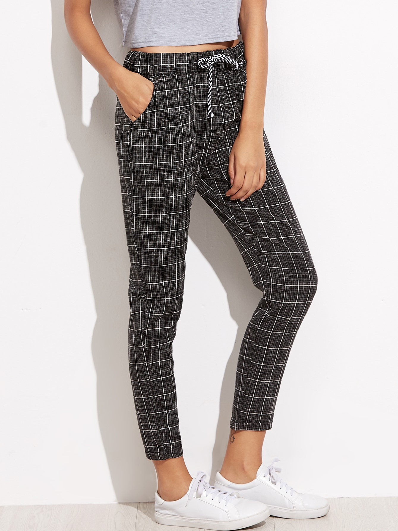 Black Plaid Tie Waist Pockets Pants