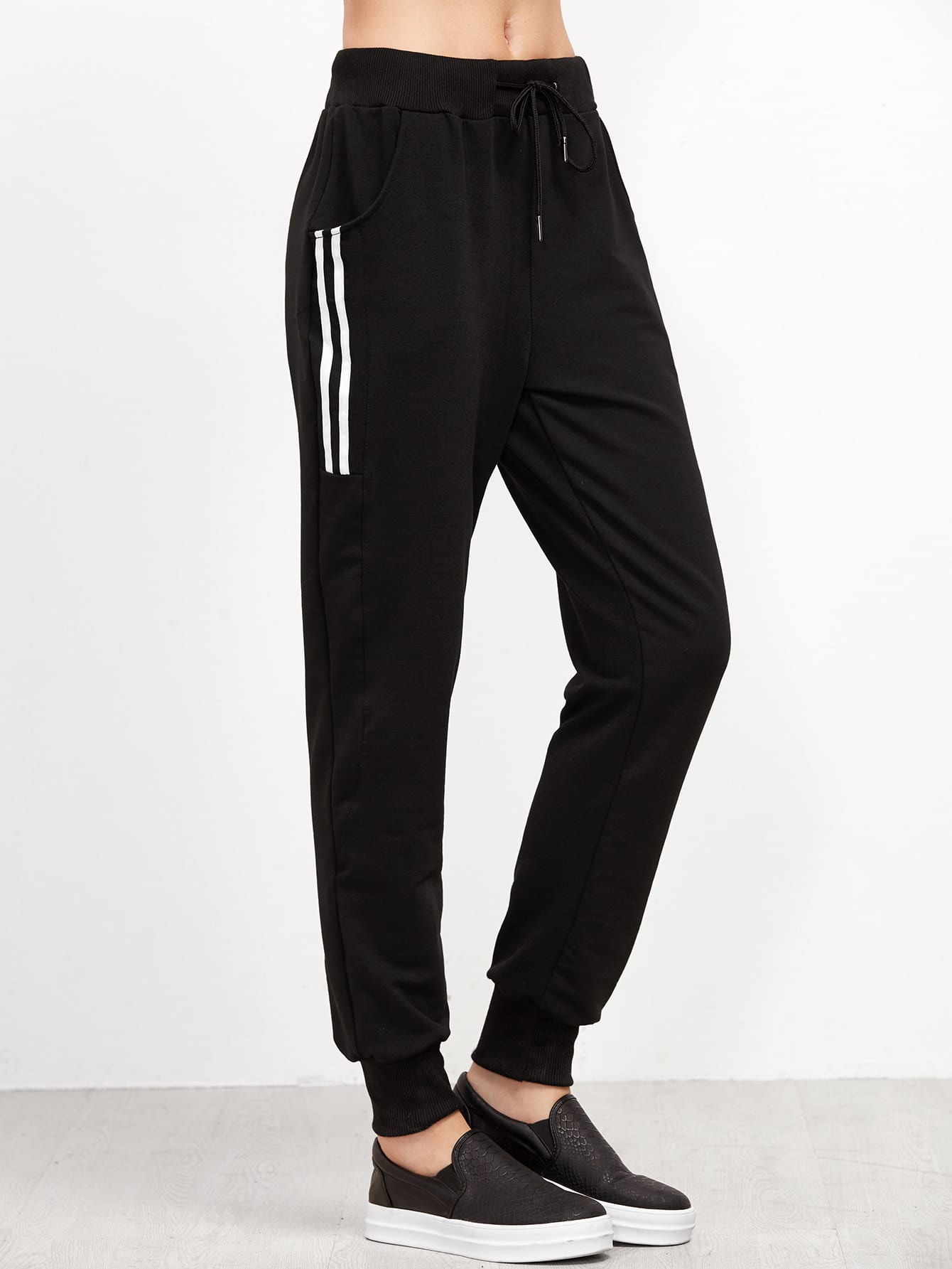 Black Striped Side Drawstring Pants