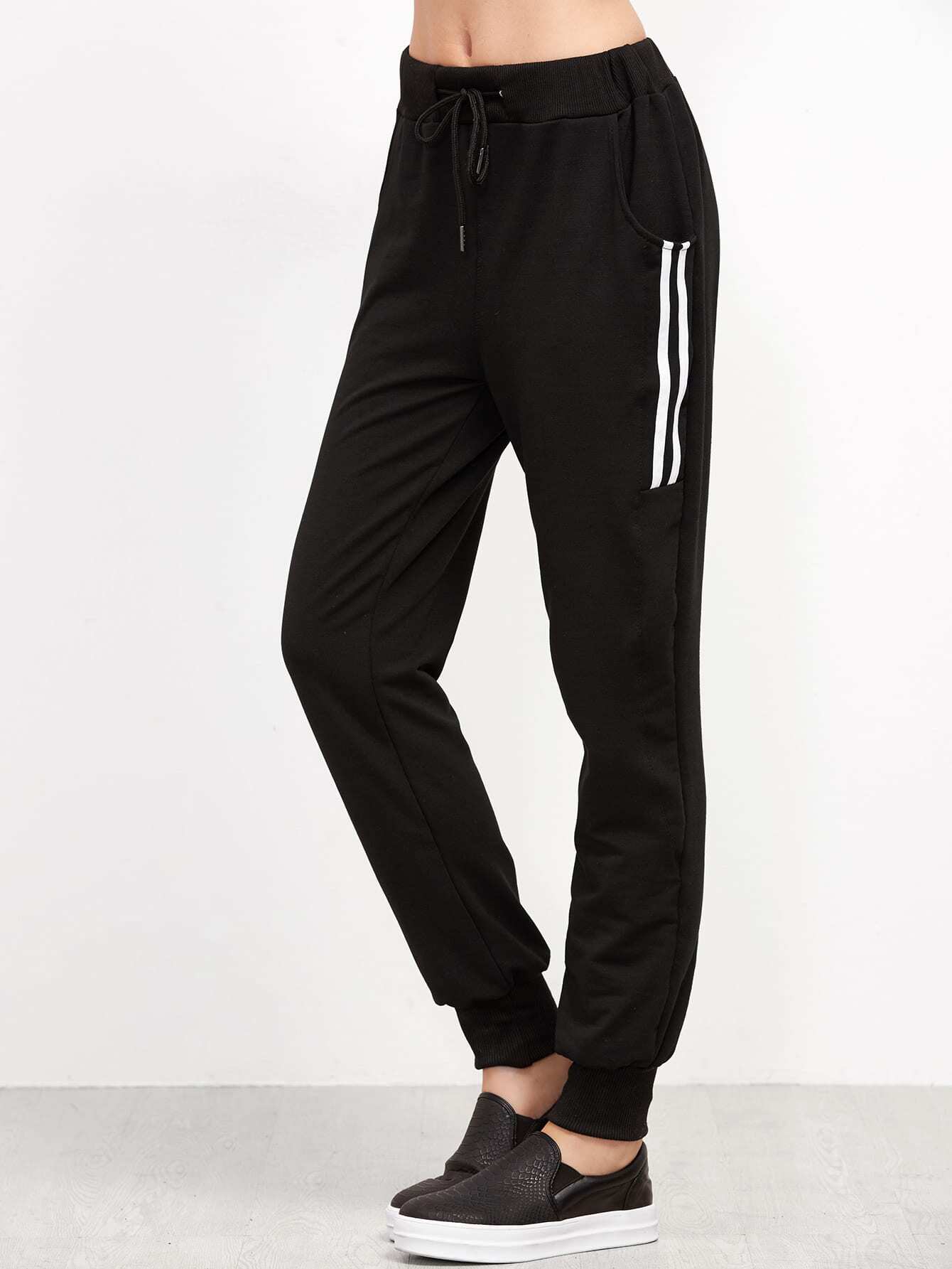 Black Striped Side Drawstring PantsFor Womenromwe