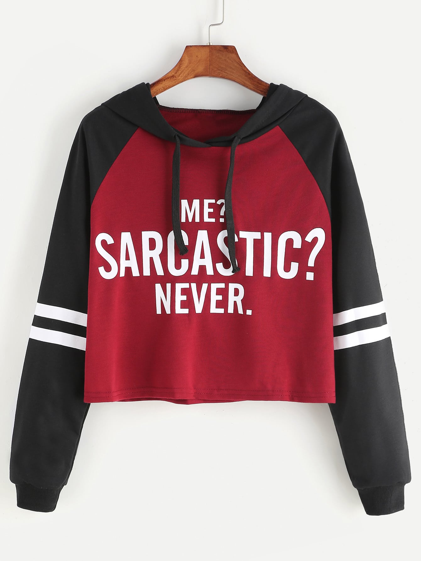 Contrast Raglan Sleeve Hooded Slogan Print Crop Sweatshirt