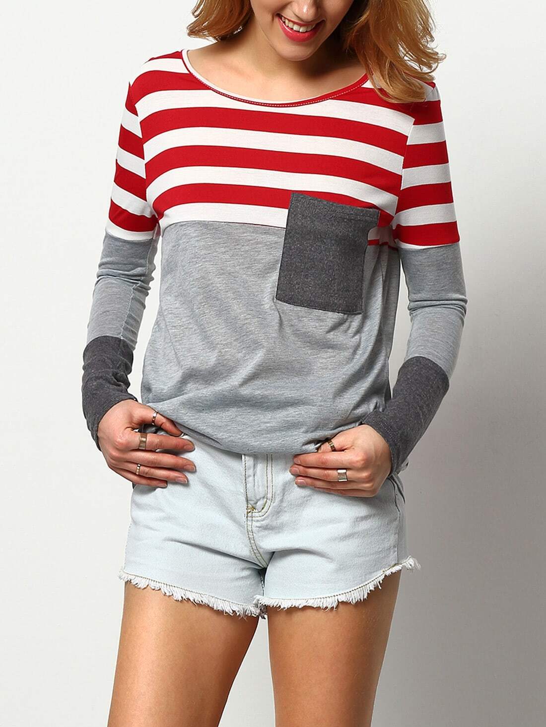 Red Grey Round Neck Striped Pocket T-Shirt