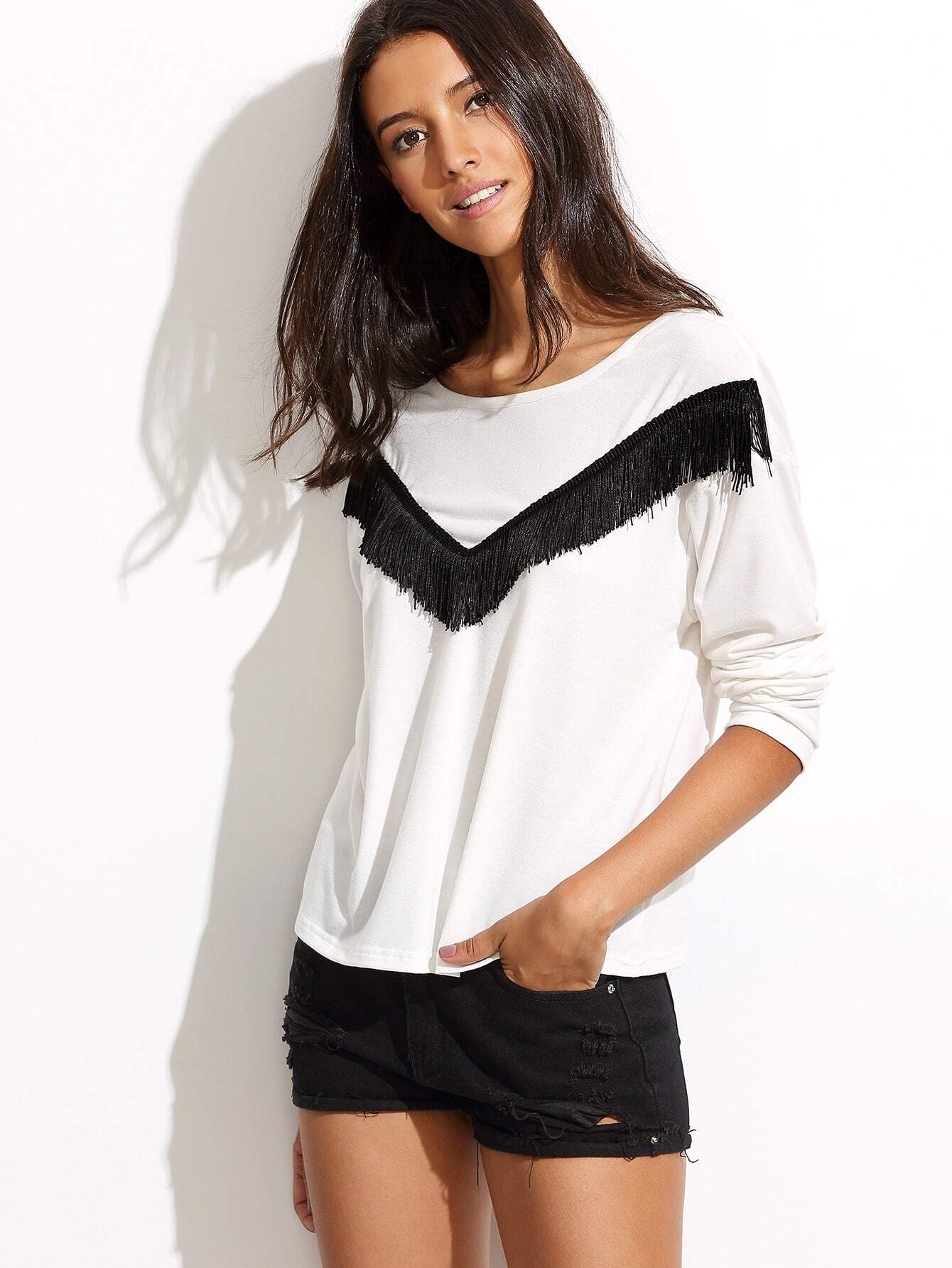 White Fringe Trim Long Sleeve T-shirt