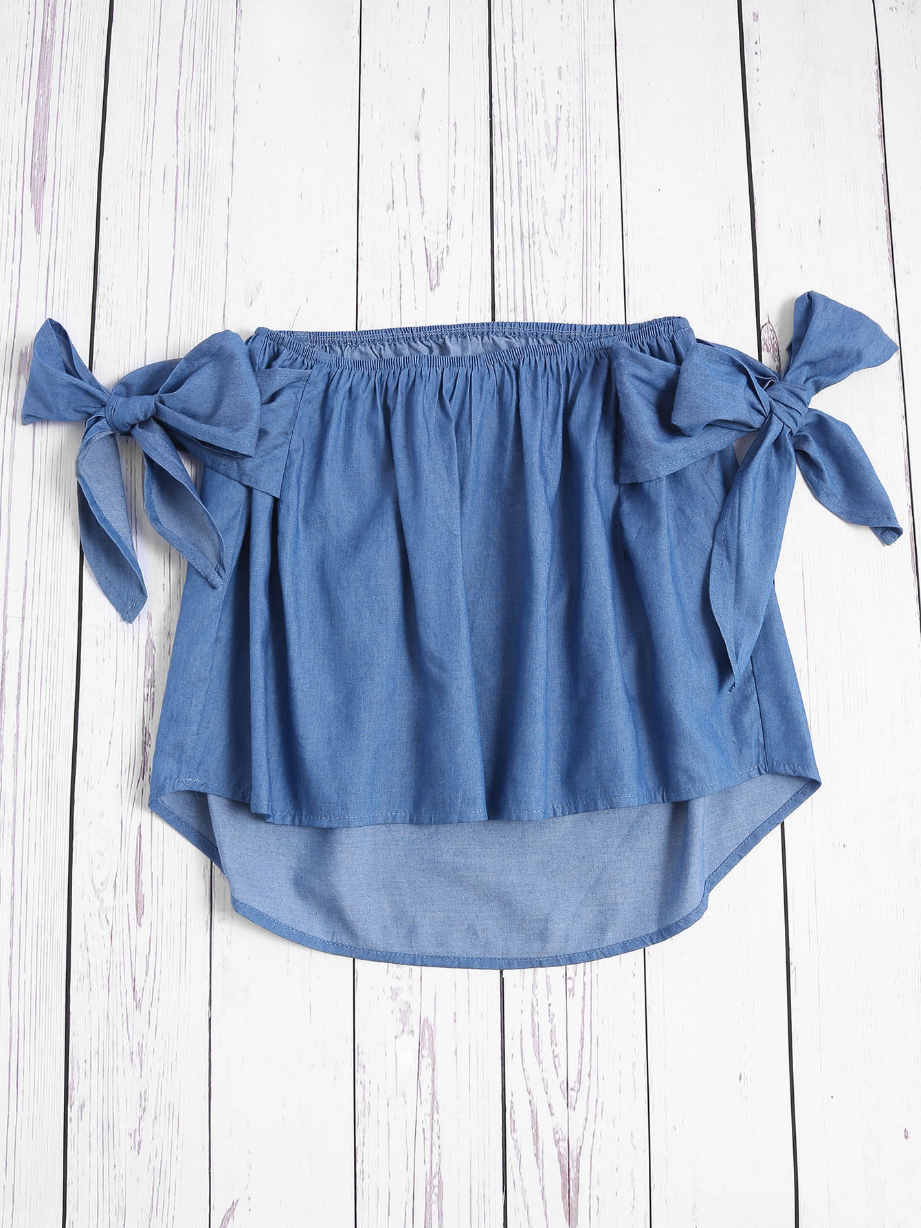 Off Shoulder Bow Tie Dip Hem Chambray BlouseFor Womenromwe