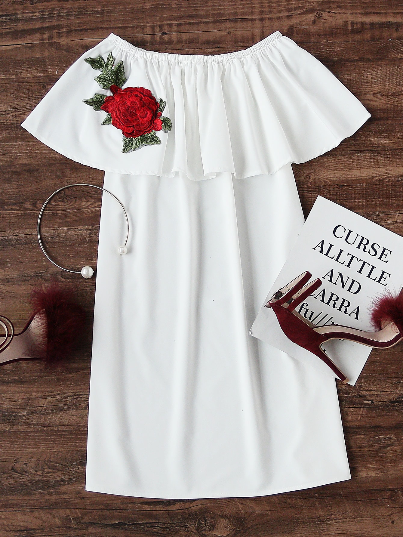 Boat Neckline Layered Rose Embroidered Patch Dress