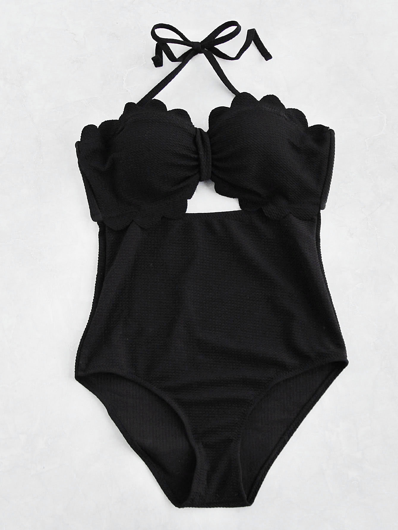 Scalloped Trim Cutout Front Halter Swimsuit