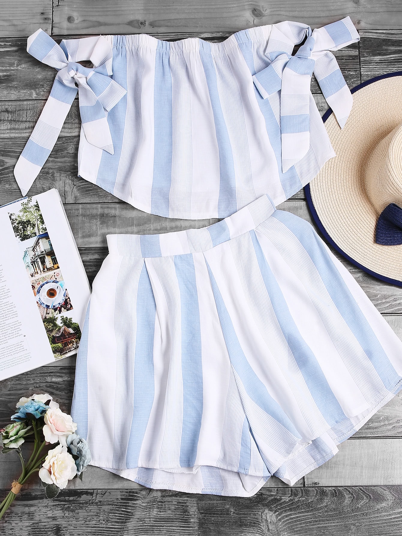 Bardot Bow Tie Wide Striped Crop Top With Shorts