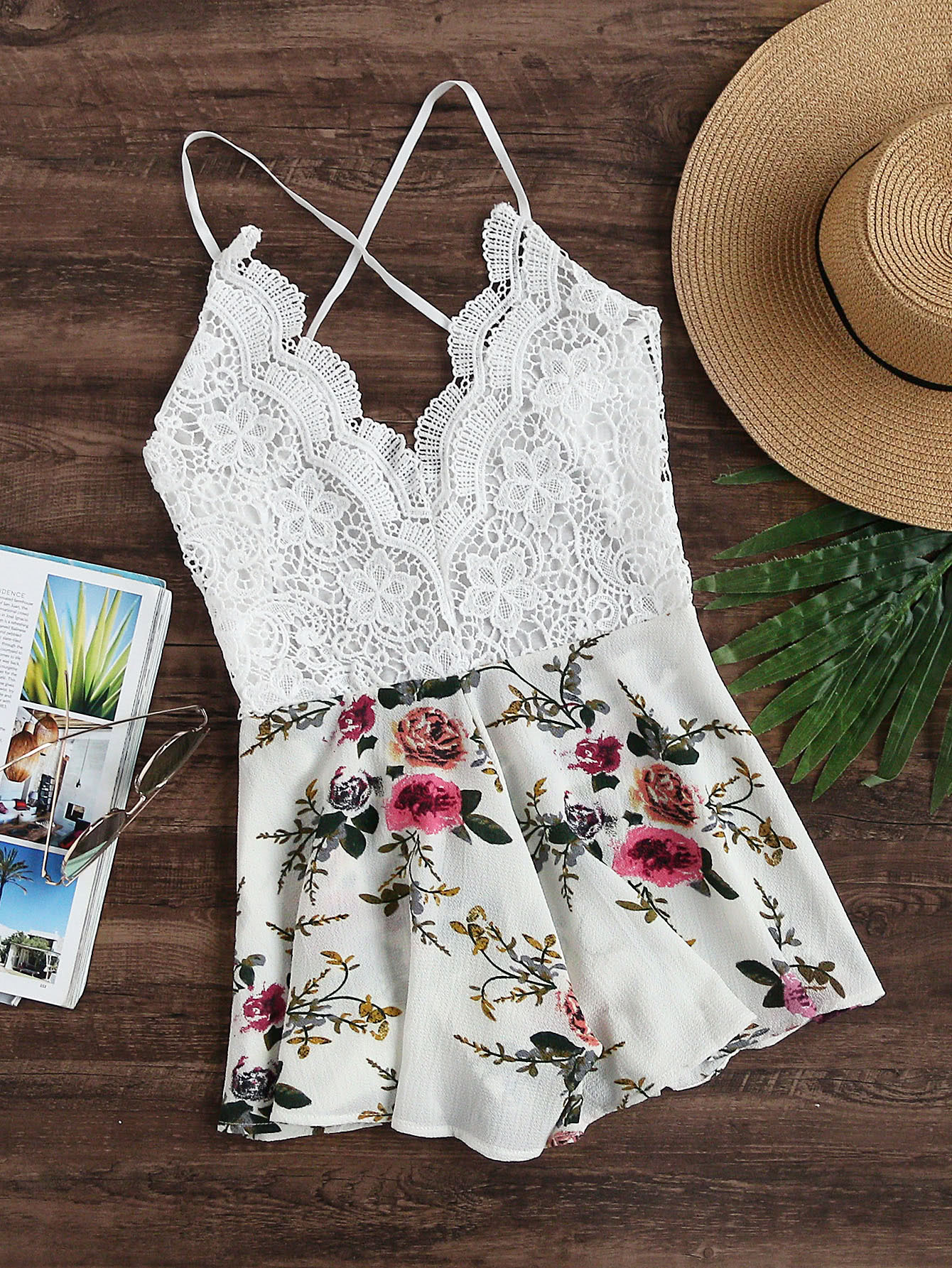 Floral Print Lace Paneled Criss Cross Backless Romper