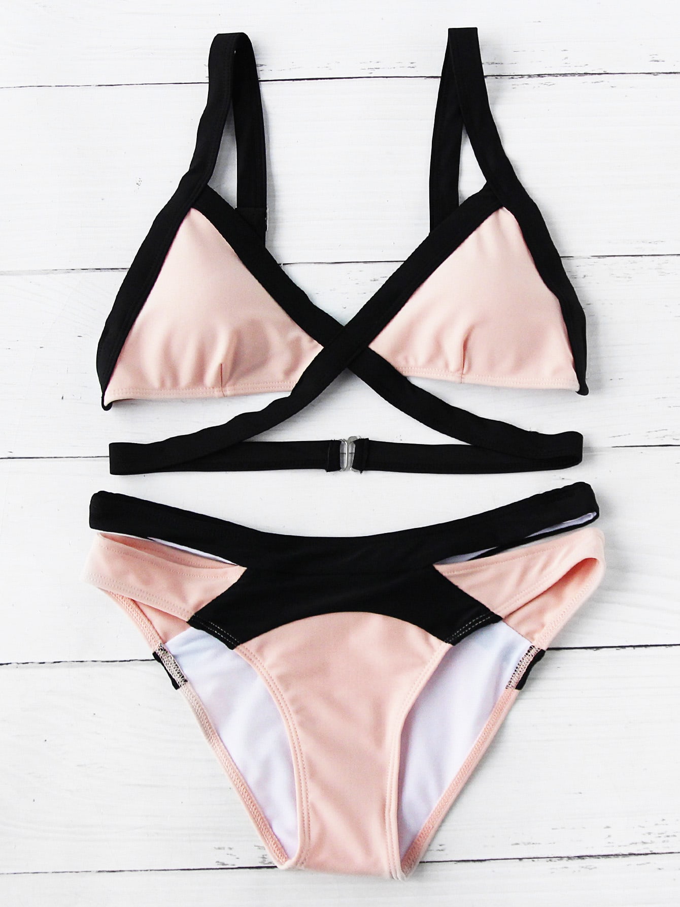 Two Tone Contrast Trim Triangle Bikini Set