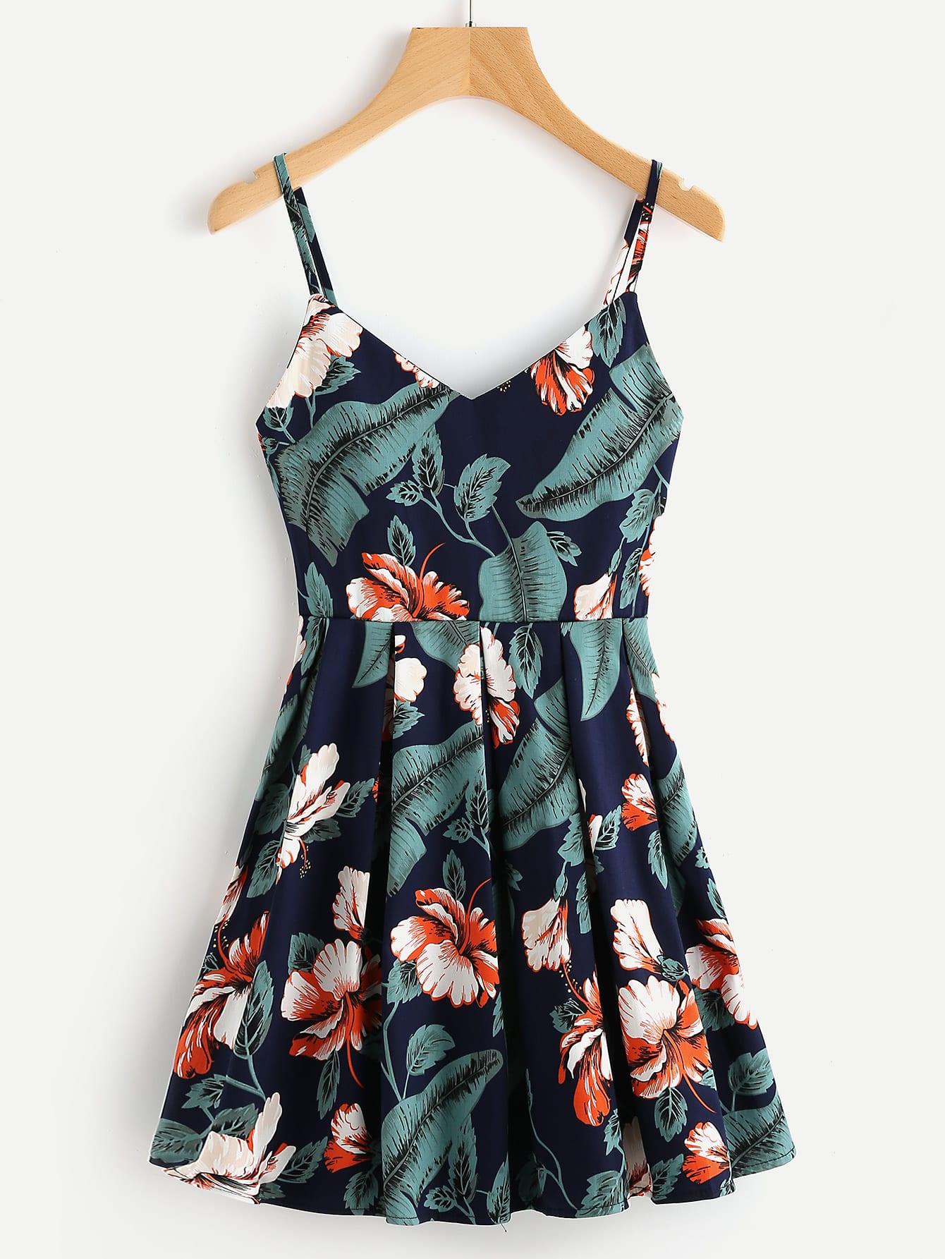 Leaf Floral Print Random Box Pleat Cami Dress