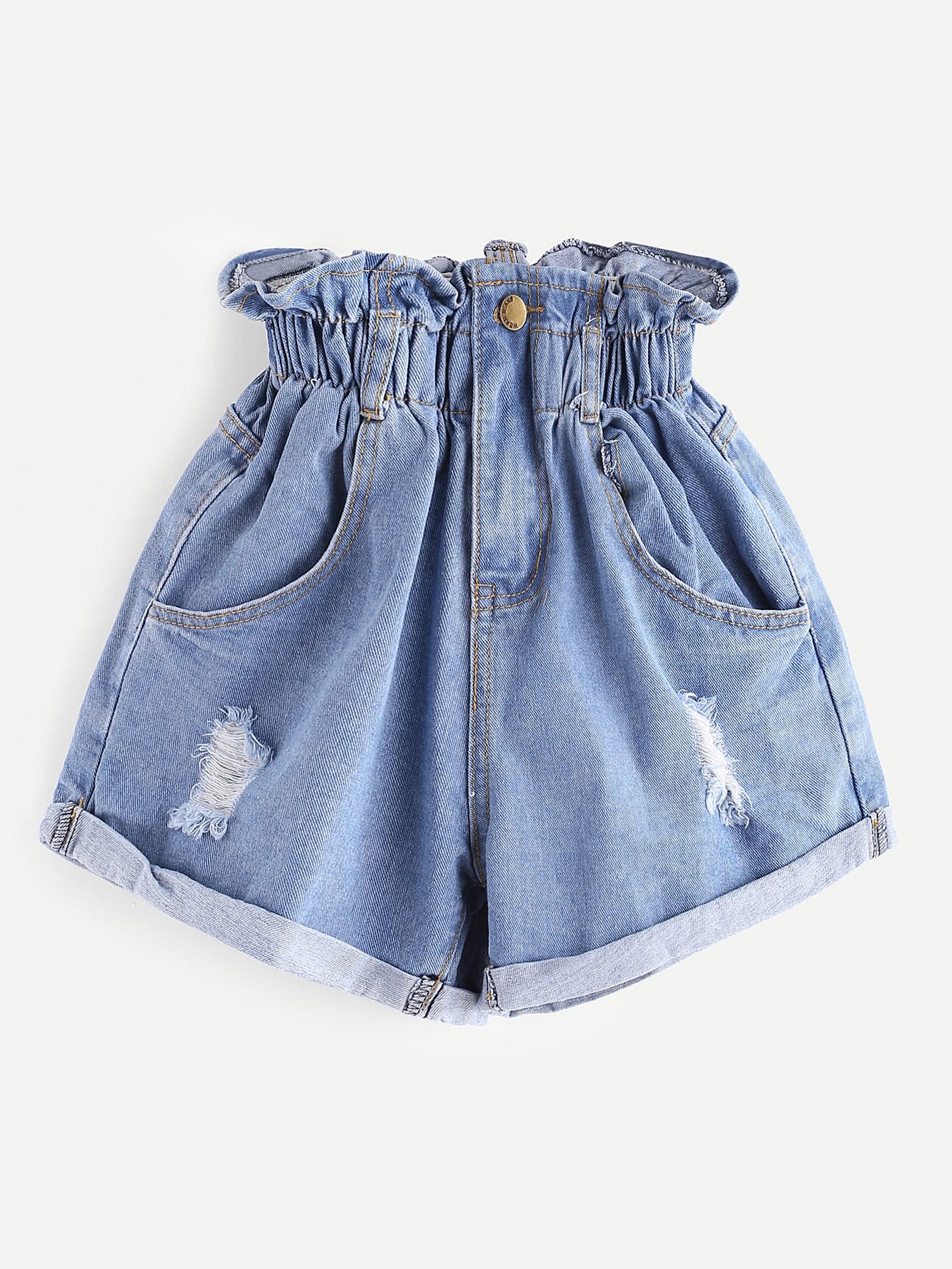 Ripped Hem Denim Shorts - Shirred Frill Trim Ripped Rolled Hem Denim Shortsfor ripped hem denim shorts shirred frill trim ripped rolled hem denim shortsfor