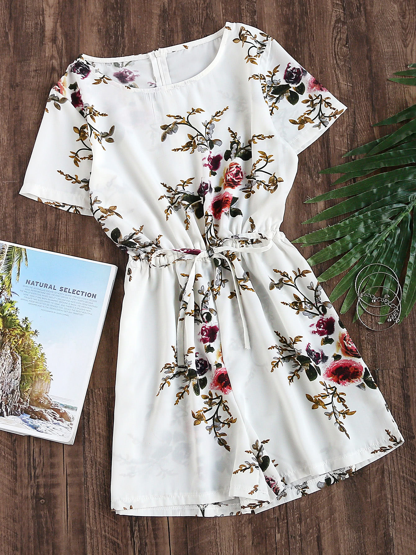 Floral Print Random Drawstring Waist Zip Back Romper