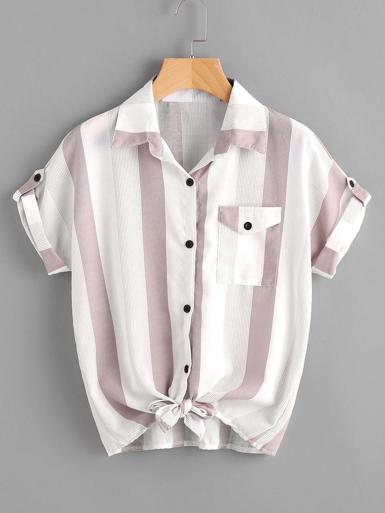 Contrast Striped Roll Tab Sleeve Knotted Hem Shirt
