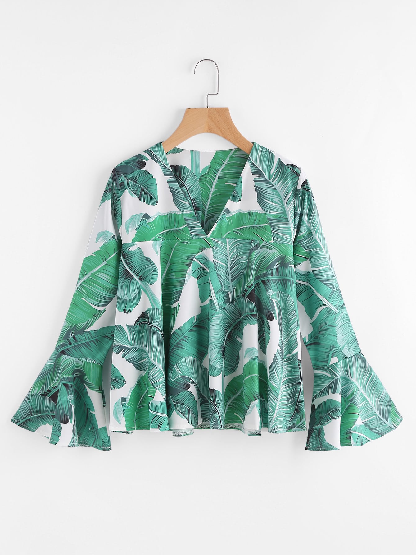 Palm Leaf Print Bell Sleeve Blouse