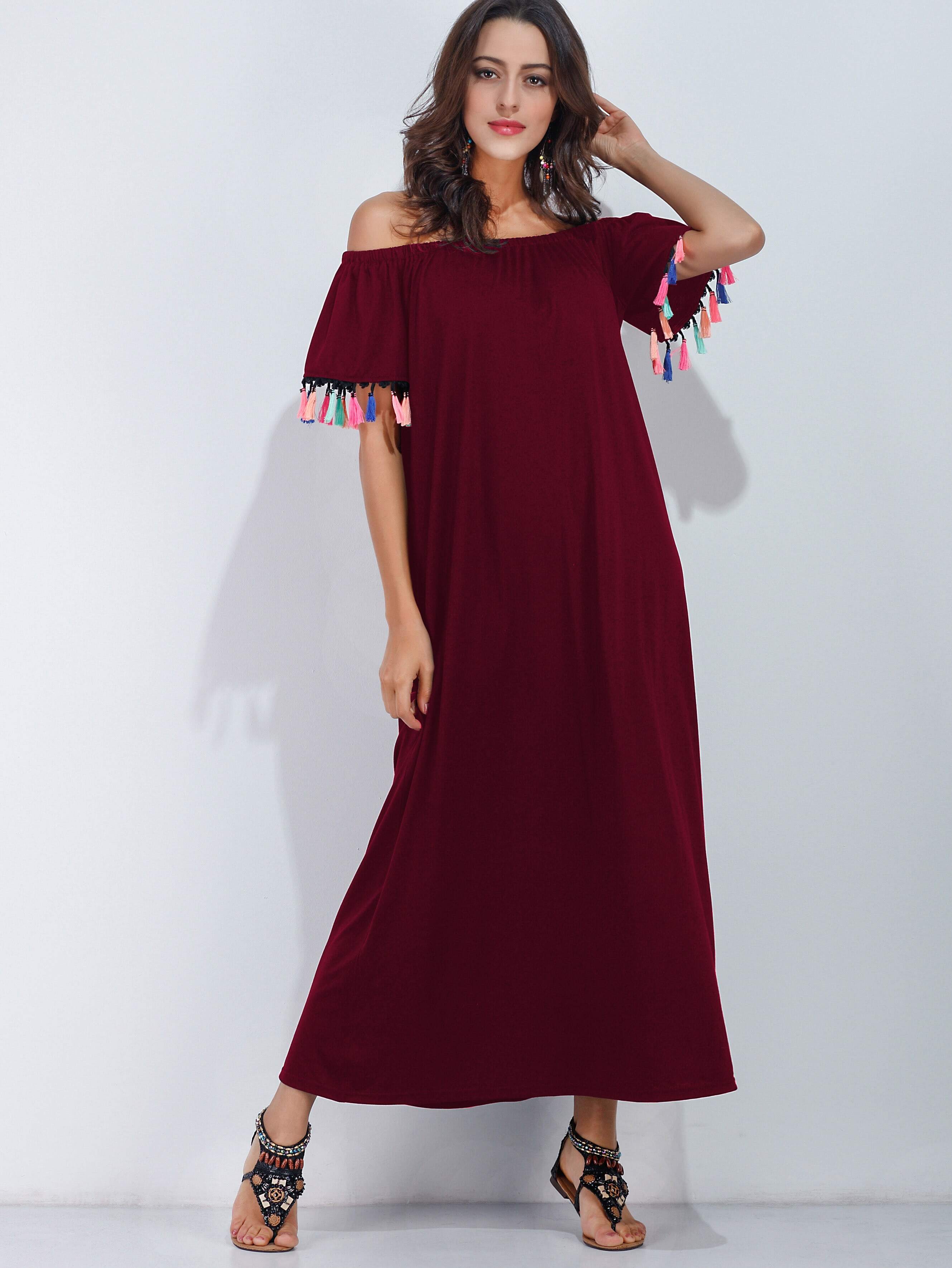 Bardot Fringe Trim Full Length Dress