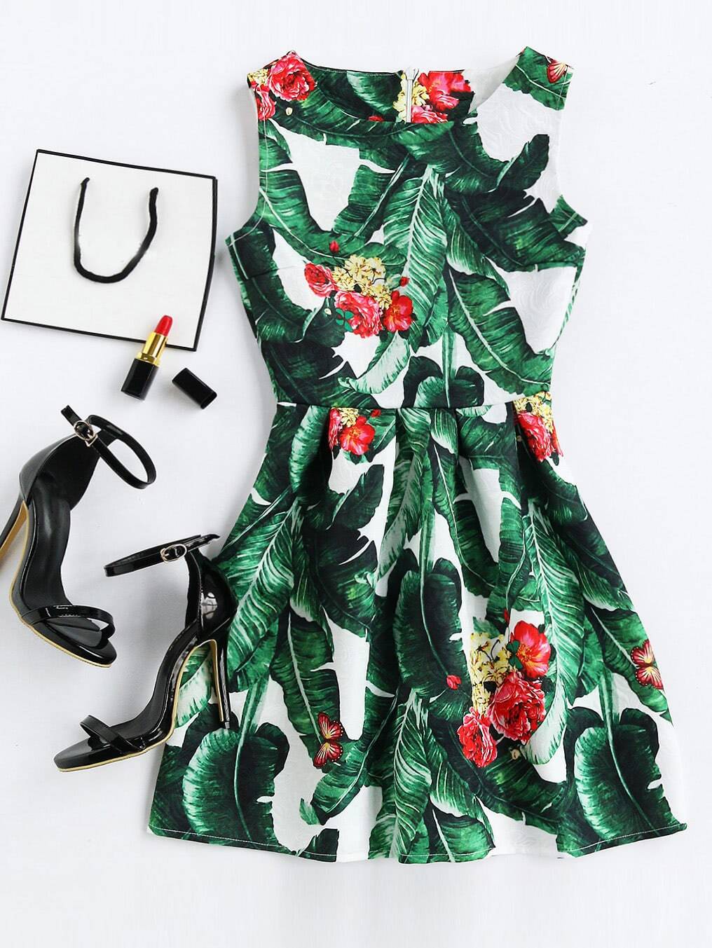 Palm Leaf Print Embossed Fit & Flare Dress